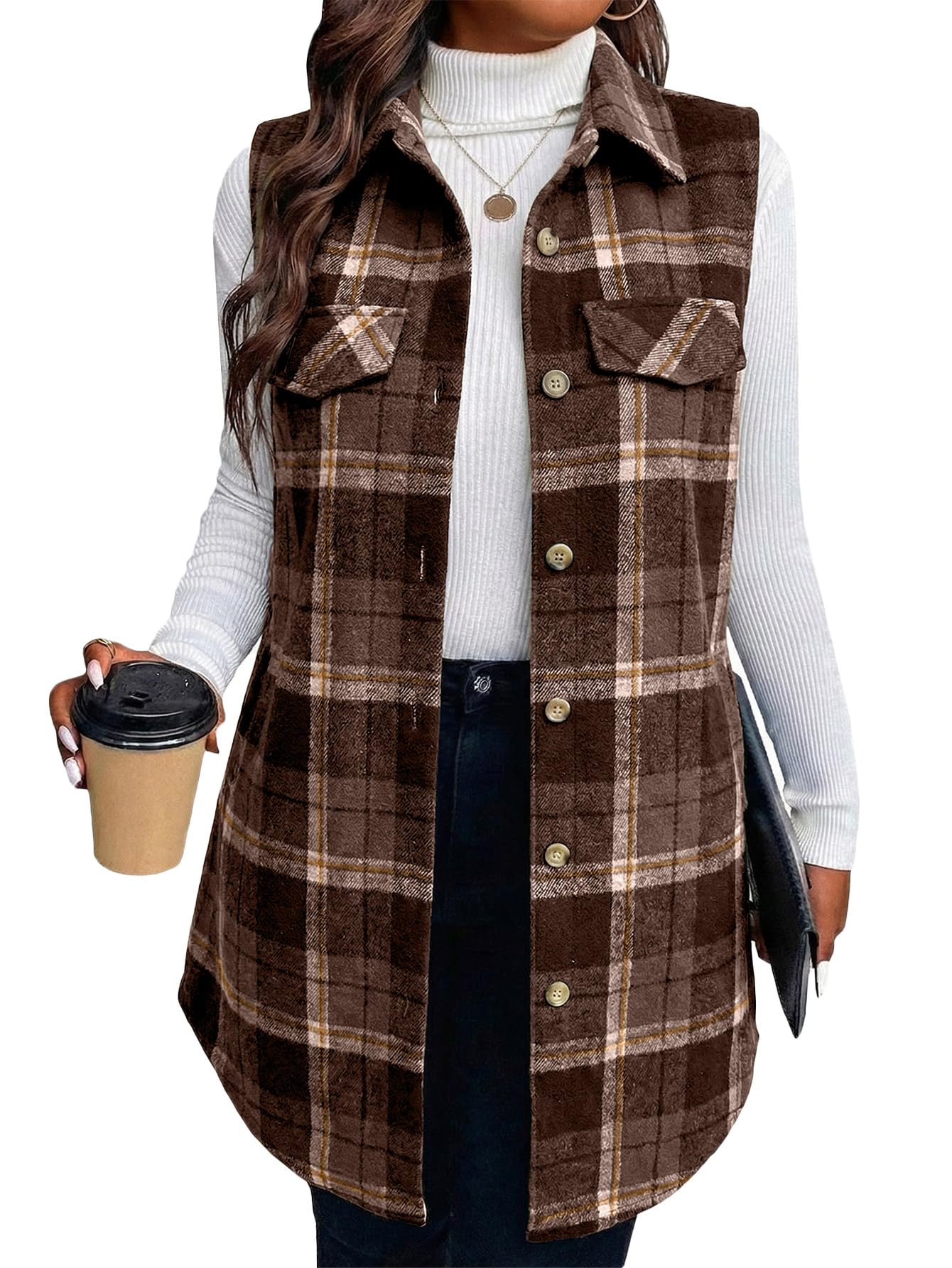 Mina Self 2025 Womens Flannel Plaid Vest Jackets- Fully-Lined Sleeveless Warm Long Casual Fashion Outerwear with Pockets