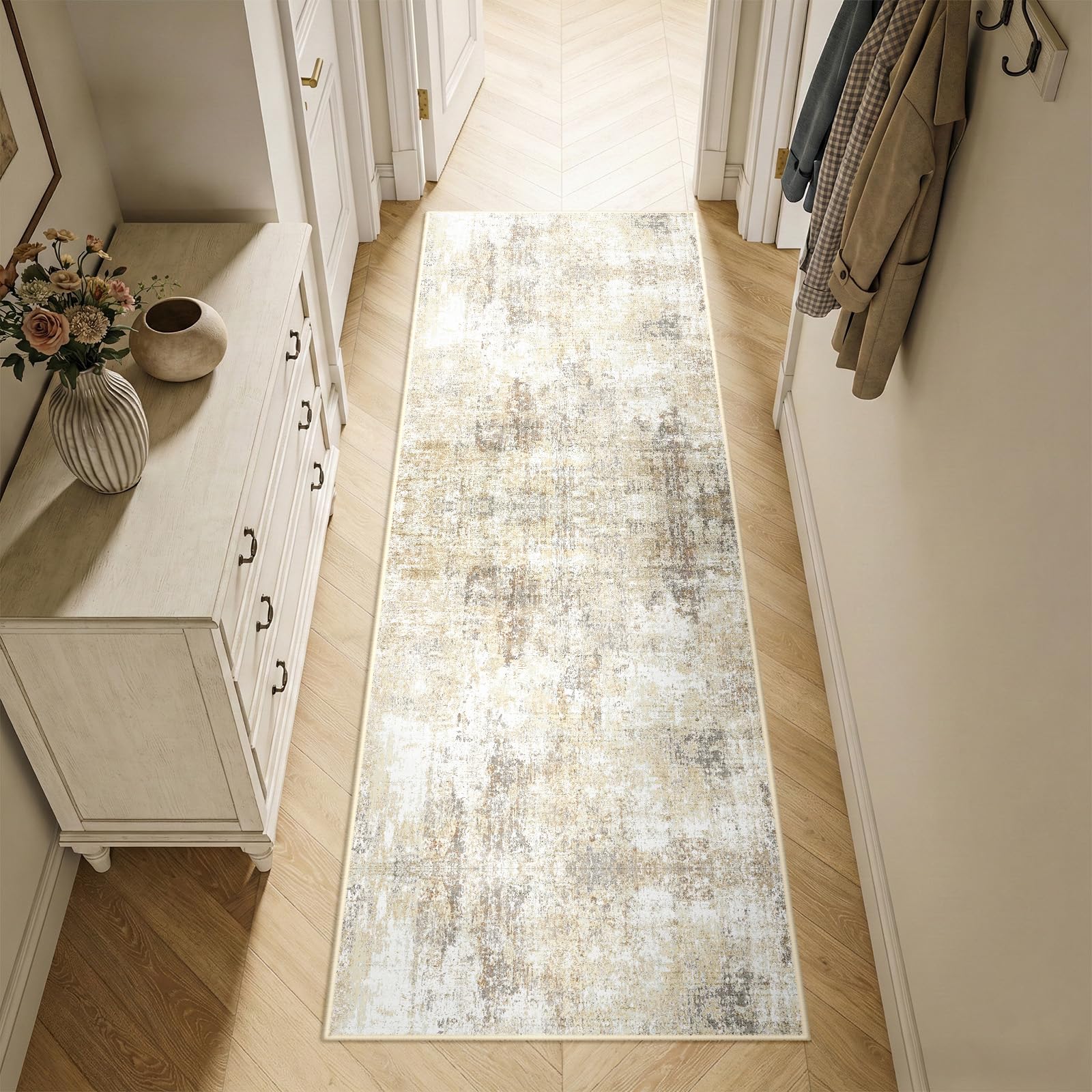 Tapis doux à poils longs design abstrait marron neutre 60x180