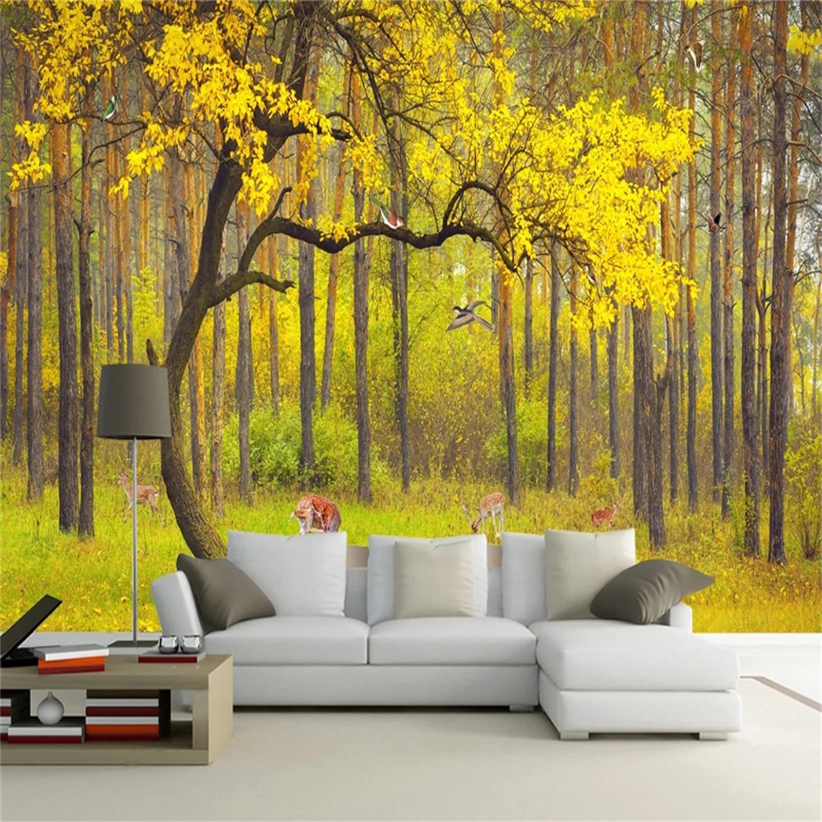 Natural Scenery 3D Removable Wall Mural, Golden Woods Self-Adhesive Large Wallpaper for Bedroom Living Room Kids Room.(91