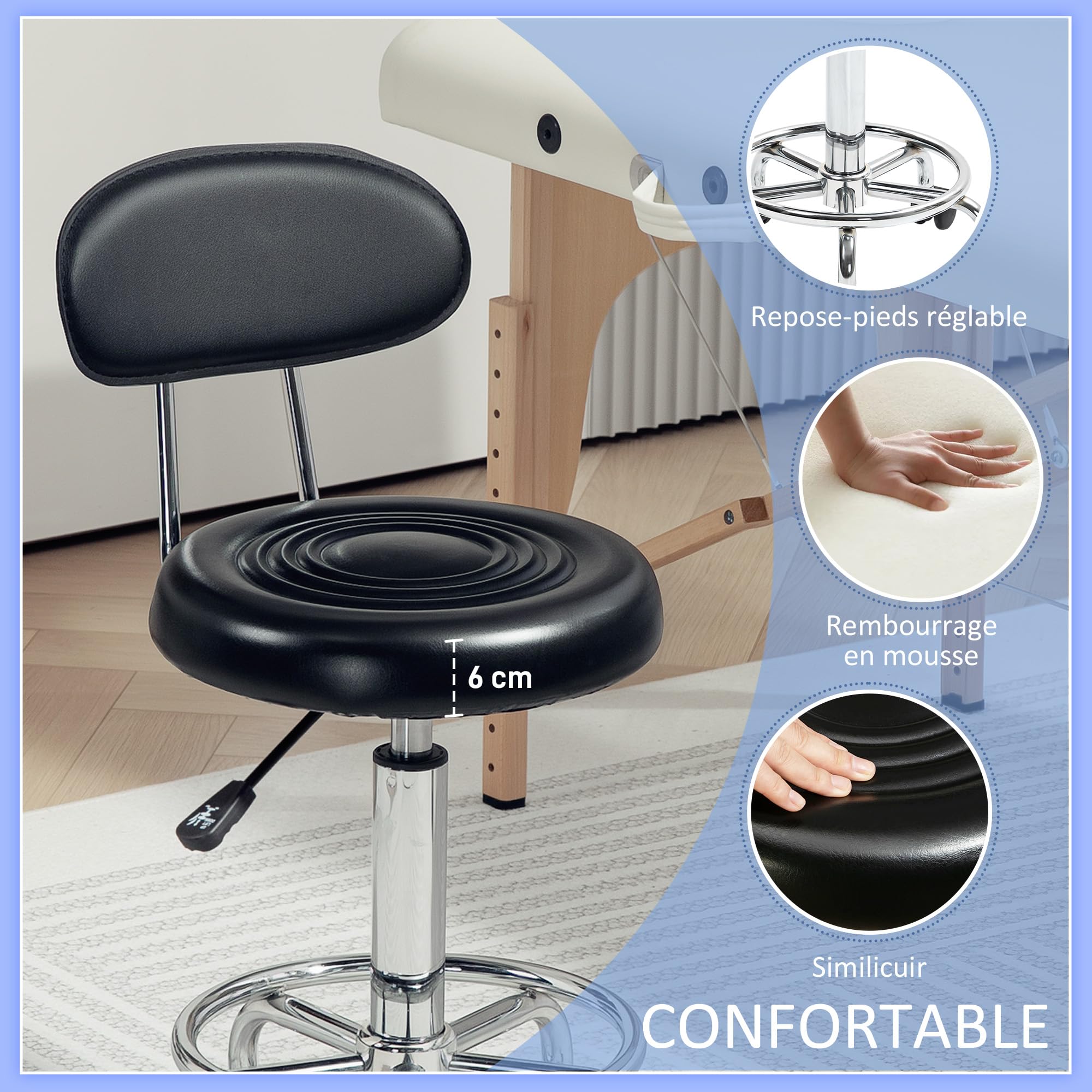 HOMCOM Tabouret à roulettes avec hauteur ajustable 70-86 cm, tabouret de massage pivotant avec dossier et repose-pieds, chaise de travail à roulettes pour salon de massage, tatouage, clinique, noir