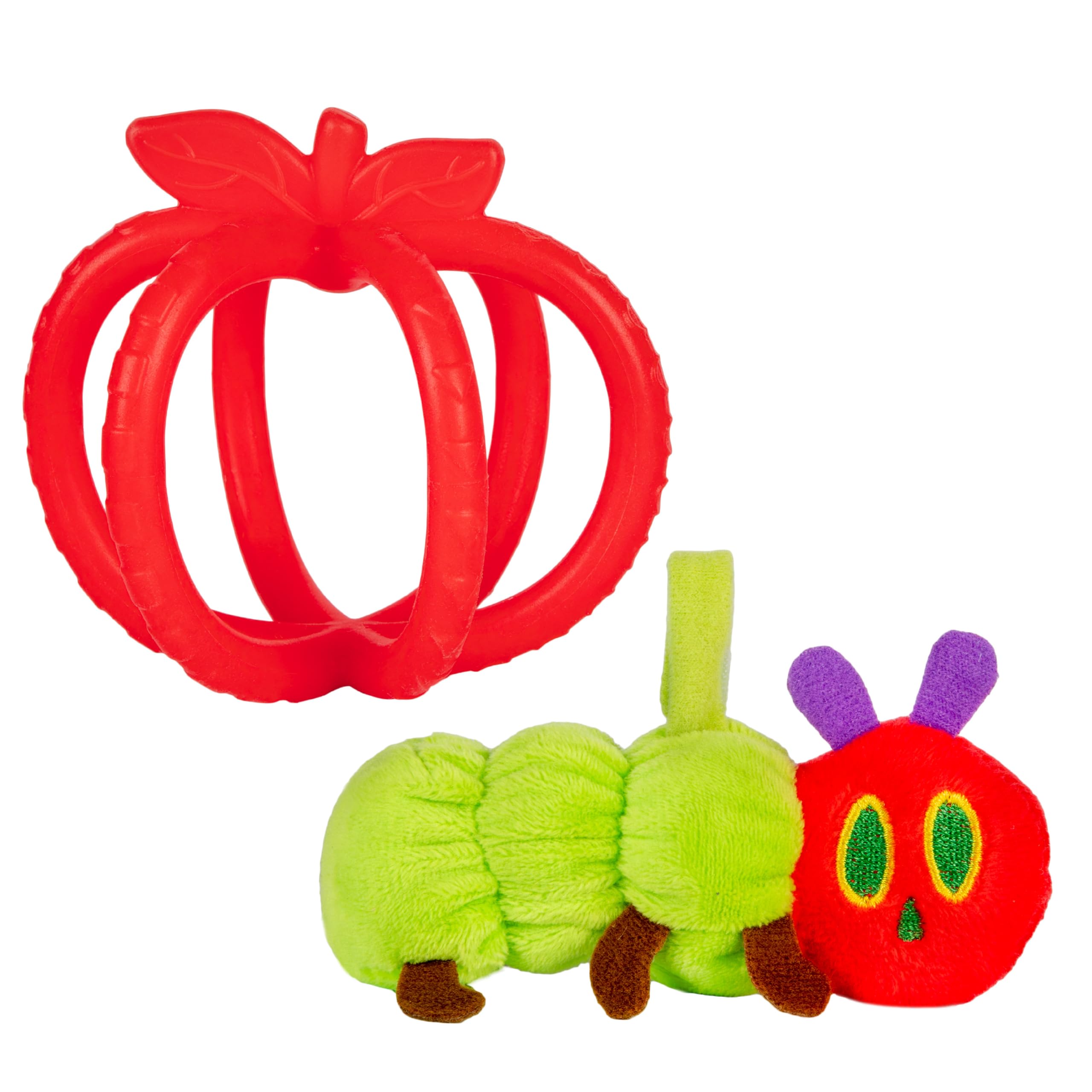 Kids Preferred Eric Carle Toddler Toys The Very Hungry Caterpillar Stuffed Animal Rattle and Red Apple Silicone Teether Newborn Baby Teething Toys Set