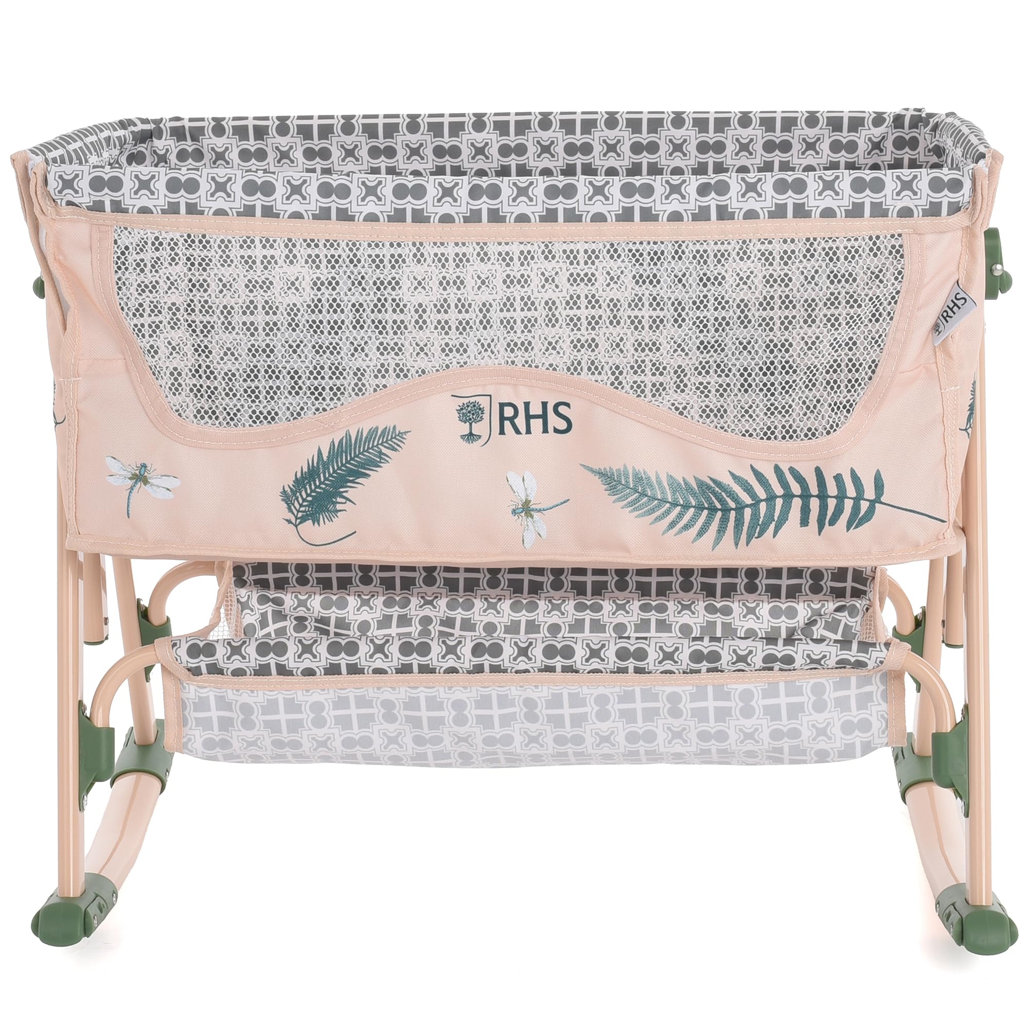 Roma Dolls Bedside Crib - Foldable Kids Toys with Cute Aesthetic, Adjustable Heights, Storage Basket - Baby Doll Rocking or Stationary Crib for Dolls up to 45cm, Ages 3 (Fern)