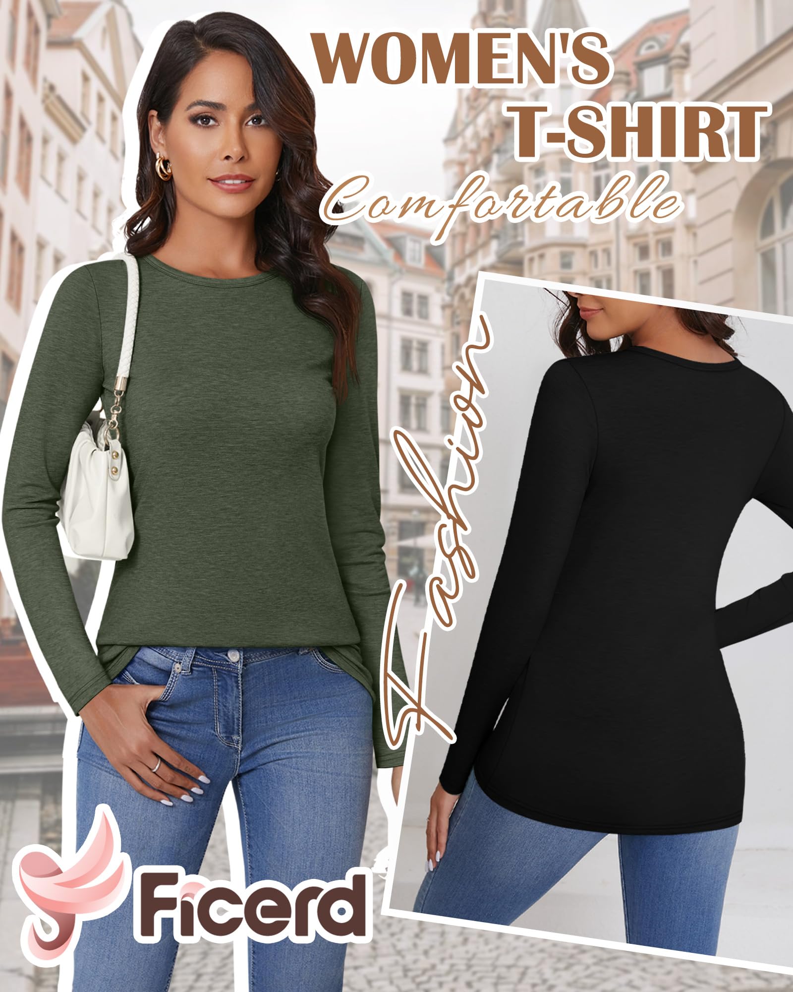Ficerd 3 Pack Women's Long Sleeve T-Shirts Crew Neck Casual Loose Fit Tunic Fall Tops Regular Shoulder Basic Tee Outfits