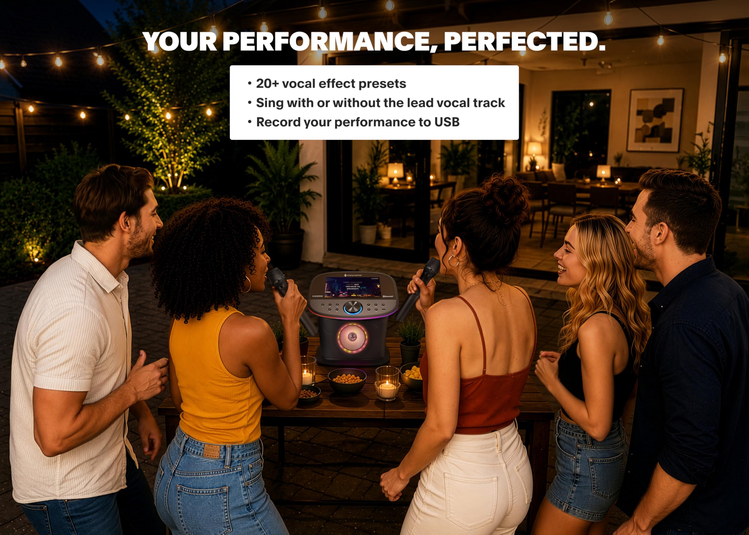 Singing Machine Platinum Plus Karaoke Premium con Pantalla – Sistema Todo en Uno – 2 micrófonos inalámbricos – Altavoz Bluetooth Wi-FI – Compatible con Youtube & Spotify – Aplicaciones integradas