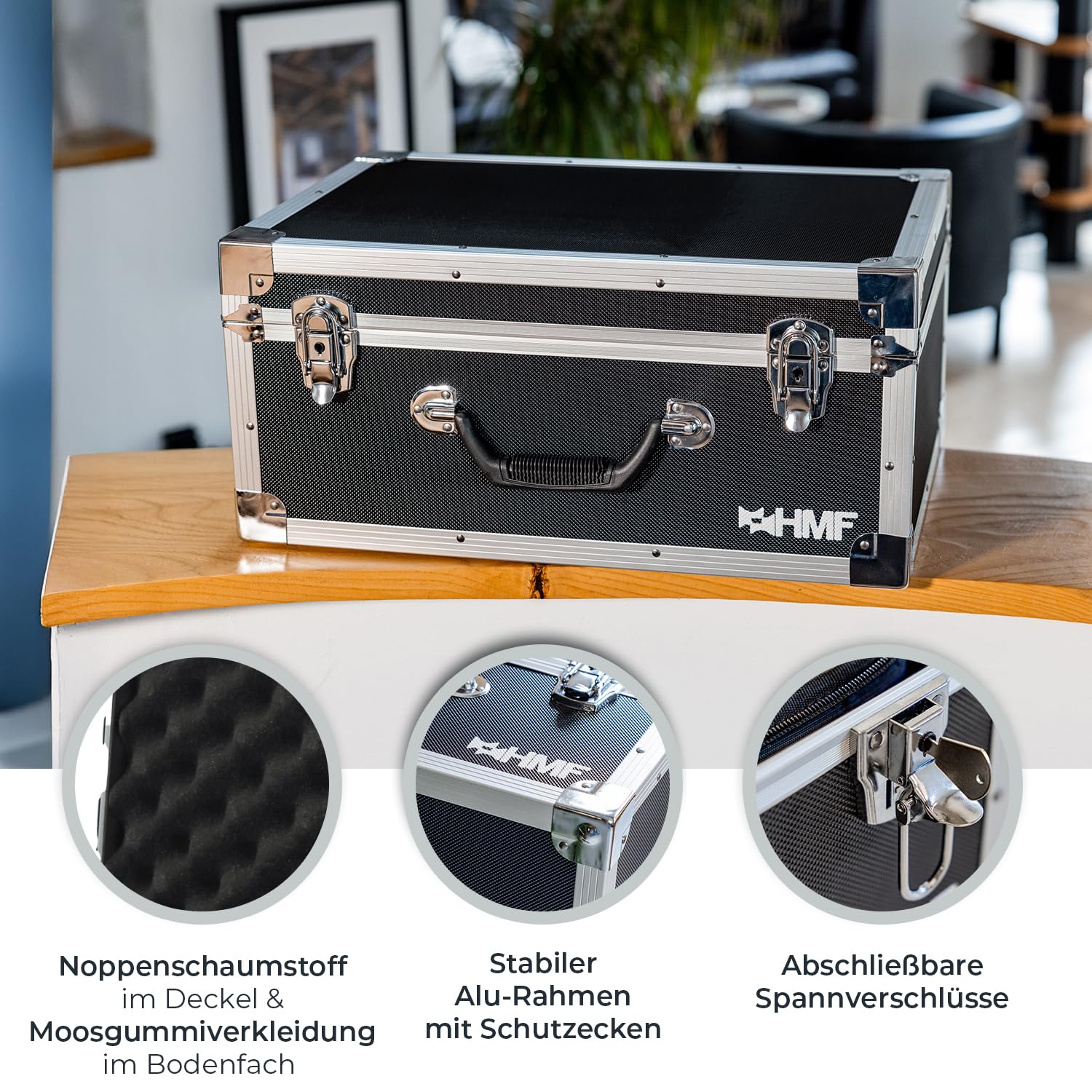HMF Fotokoffer mit Schaumstoff, gepolsterter Transportkoffer mit Aluminiumrahmen für DSLR/Spiegelreflex & Fotozubehör | 48 x 32 x 22,5 cm | Schwarz