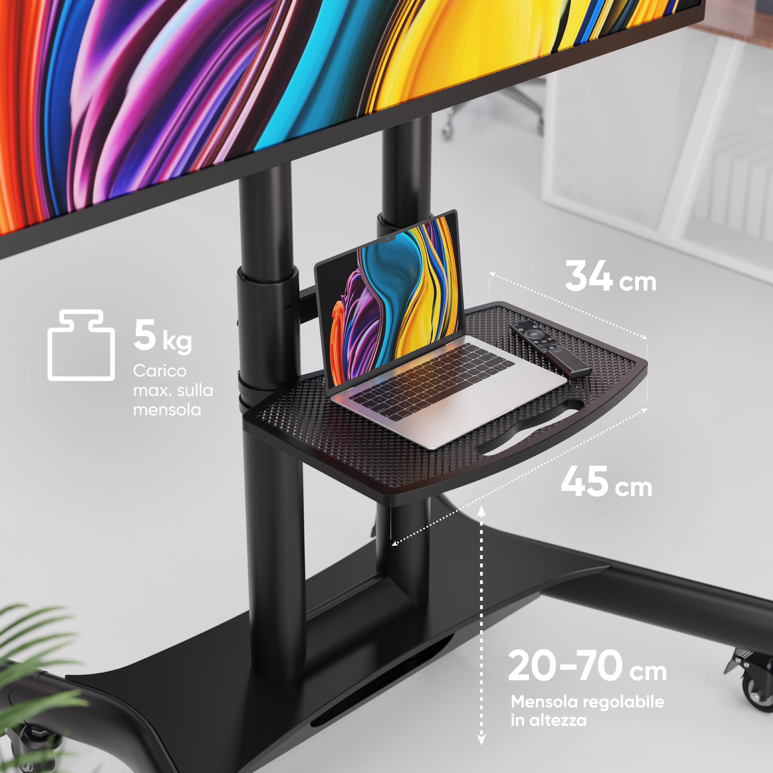 ONKRON Supporto TV da Pavimento con Ruote 40-70 pollici, Carico Totale 55.5 kg, VESA 100x100-600x400, Piedistallo Televisore, con Altezza Regolabile, Porta TV da Terra Mobile, Universale Nero TS1551-B
