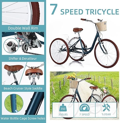 Miniatura 3 de Triciclos para adultos para adultos, triciclos para adultos de 7 velocidades, bicicleta de 3 ruedas de 202426 pulgadas con canasta, bicicletas de