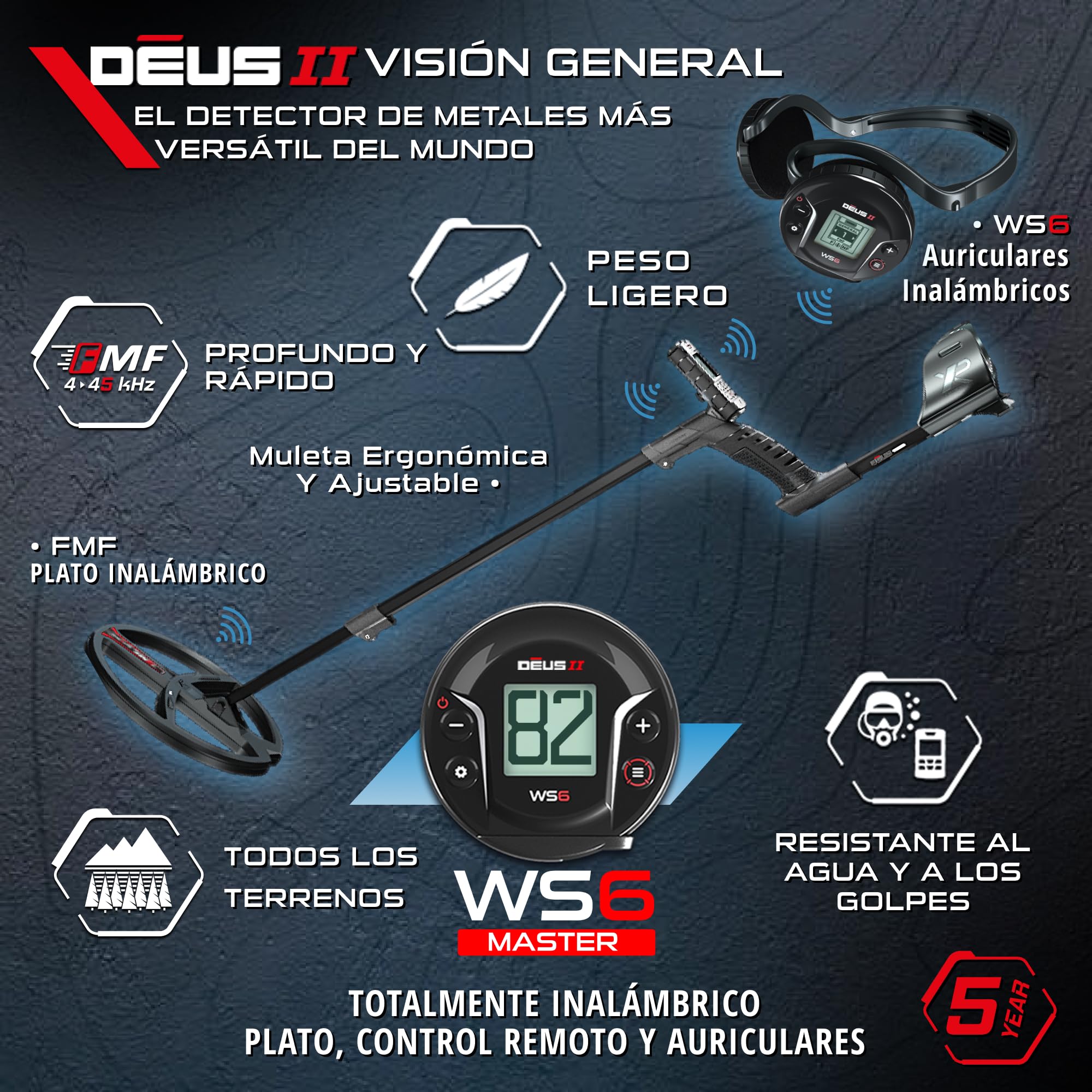 XP Metal Detectors Deus II WS6 Master: multifrecuencia, Ideal para la búsqueda de Tesoros y Reliquias, Plato FMF de 11"(28cm), Auriculares inalámbricos WS6 y vástago telescópico en S (DEUS2-28FMFWS6)