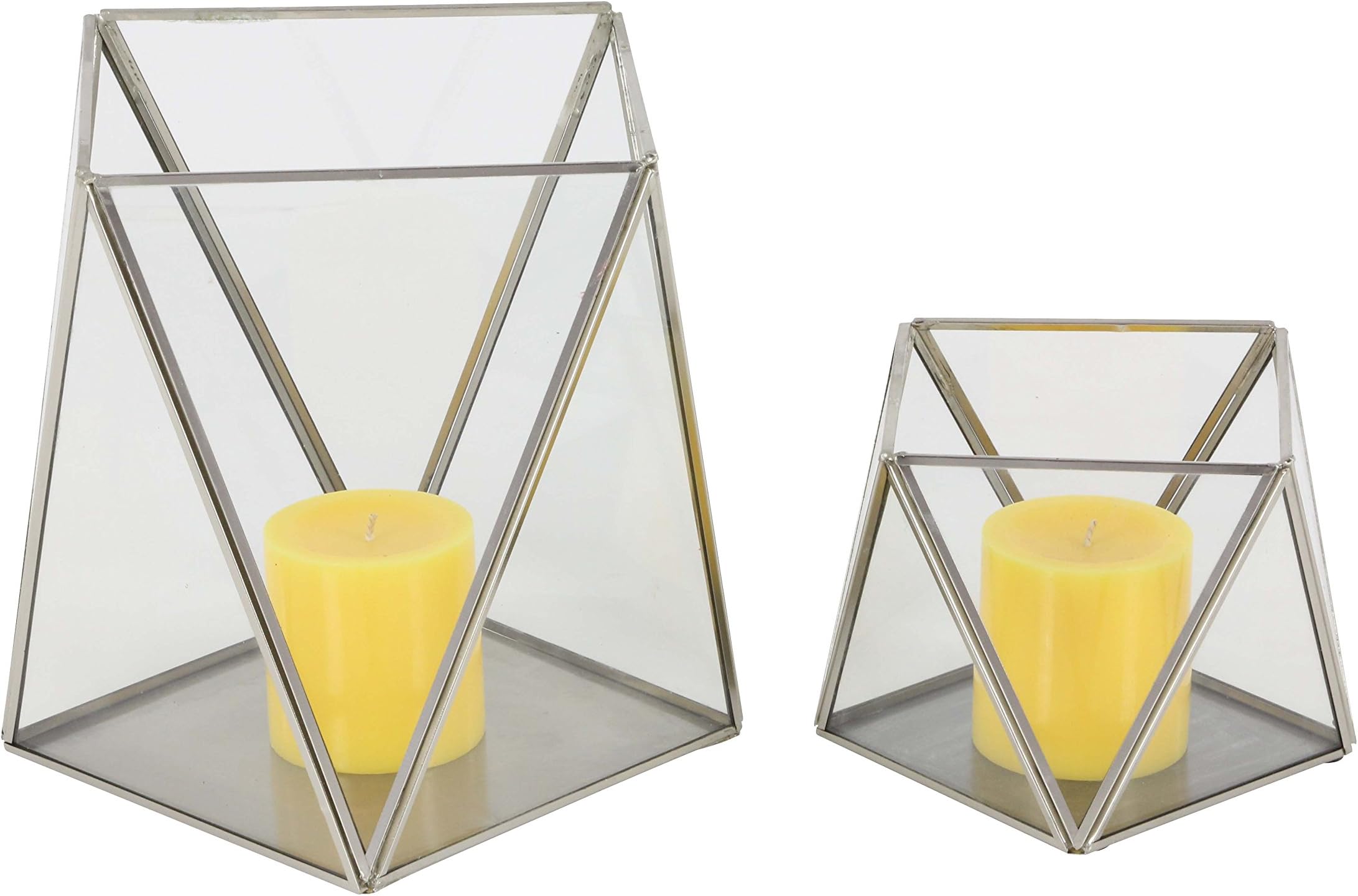 CosmoLiving by Cosmopolitan 57380 Large Modern Metallic Silver Metal & Glass Candle Holders with Geometric Silhouettes| Set of 2: 9” x 9”, 6” x 5”