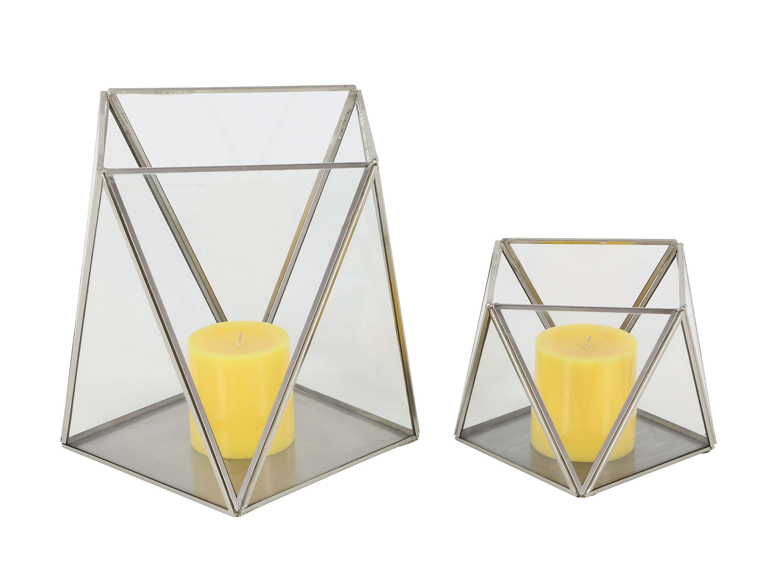 CosmoLiving by Cosmopolitan 57380 Large Modern Metallic Silver Metal & Glass Candle Holders with Geometric Silhouettes| Set of 2: 9” x 9”, 6” x 5”