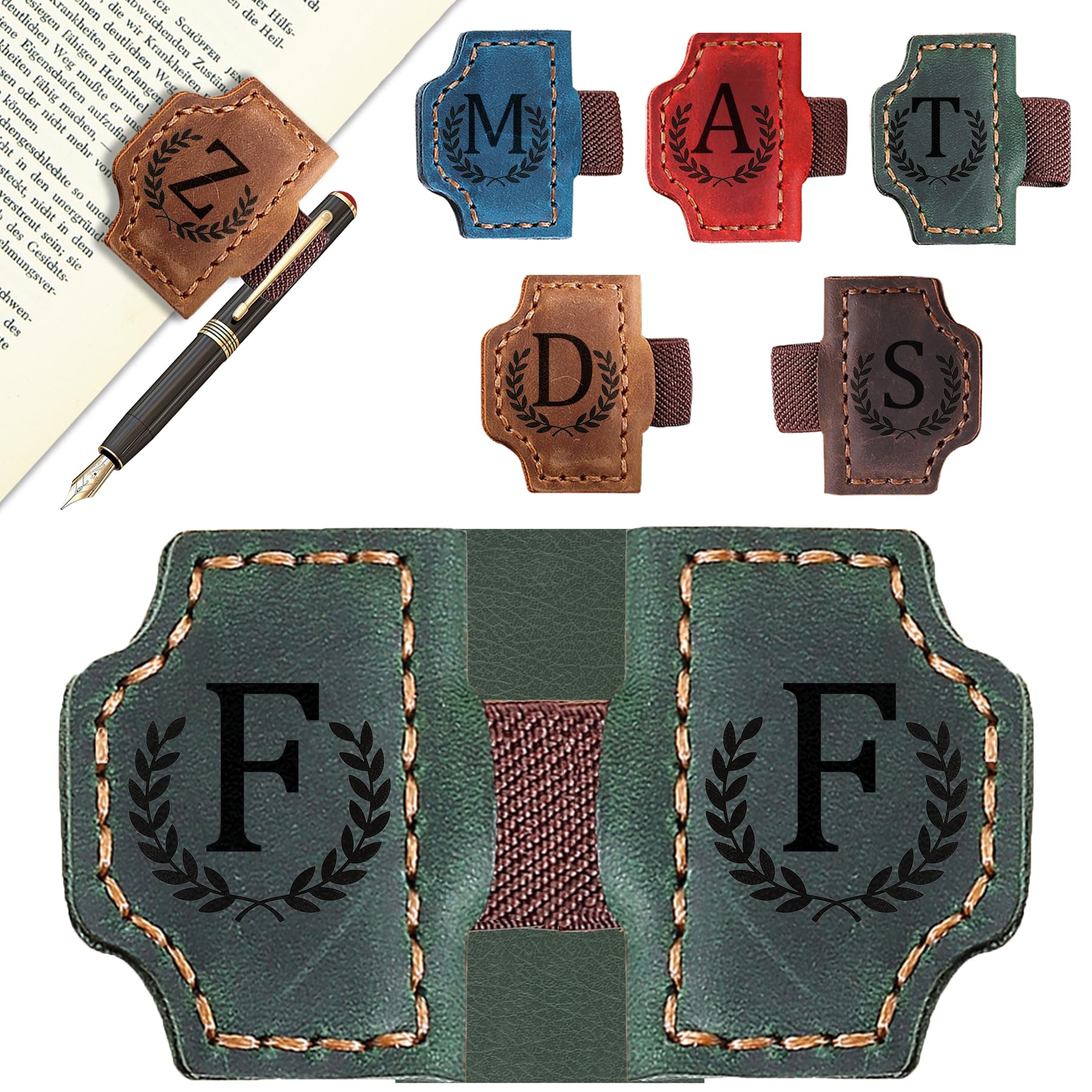 Custom Magnetic Bookmarks with Pen Holder, Personalized 26 Letters Name Initial Leather Bookmark, Leather Book Mark for Men Women Teachers, Readers