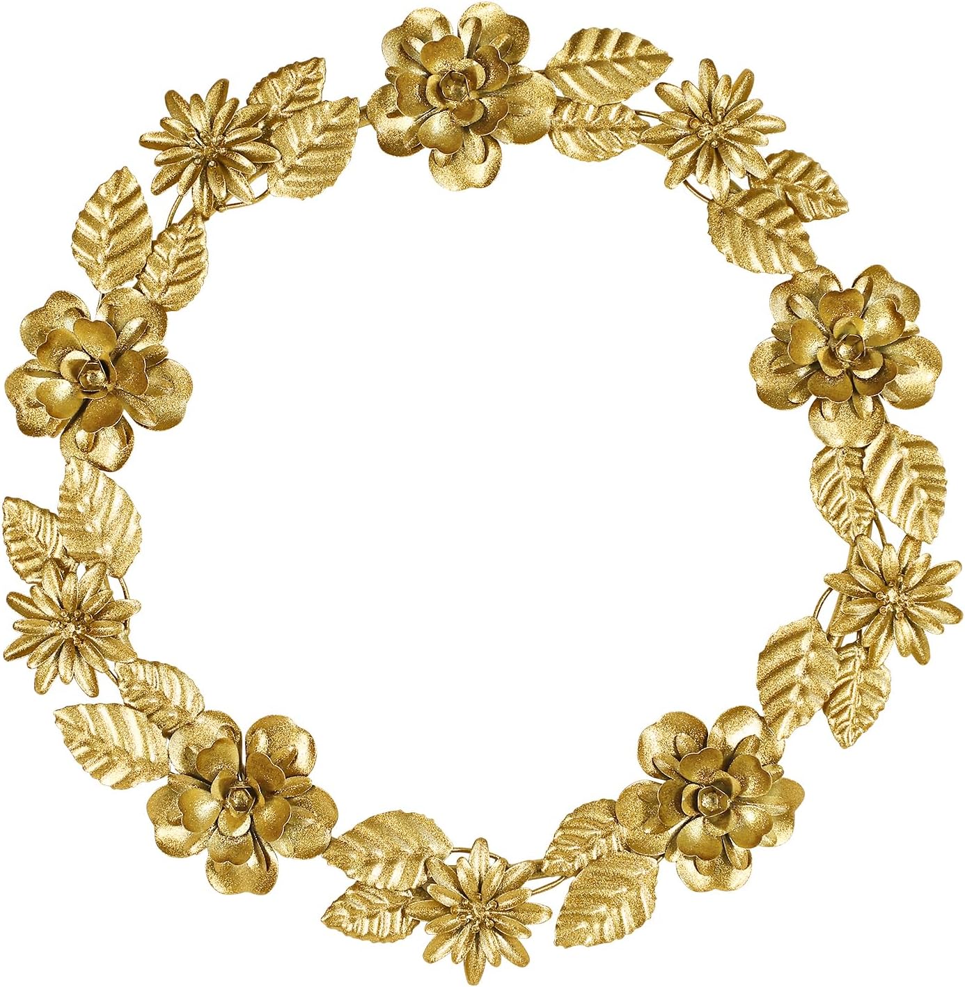 Gold Metal Wreath Wall Decor, 16.5'' Artificial Wreaths for Front Door, Large Round Gold Foil Door Wreath with Flower and Leaf for Christmas, Window, Wedding, Party Decoration