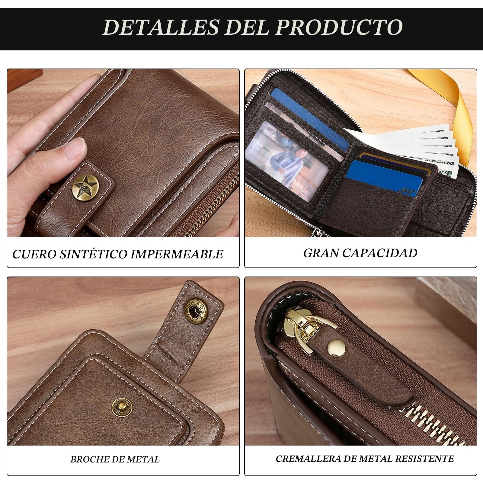 FuninCrea Cartera Hombre Cremallera Hebilla Múltiples Compartimentos Monedero Pequeña Ventanillas Identificación Tarjetas