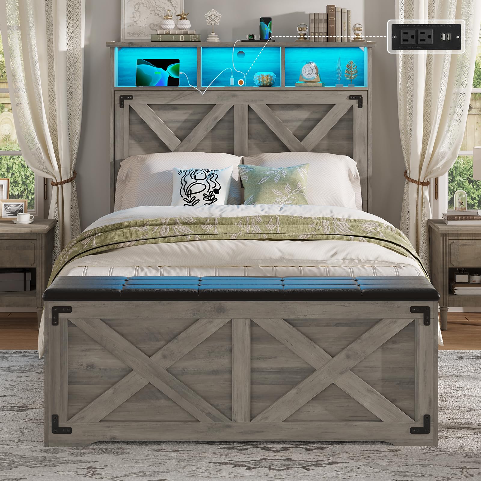 Hasuit Farmhouse Bed Frame Twin Size with Storage Headboard, Charging Station and LED Light, Wooden Twin Bed Frame with Storage Ottoman, Barn Door