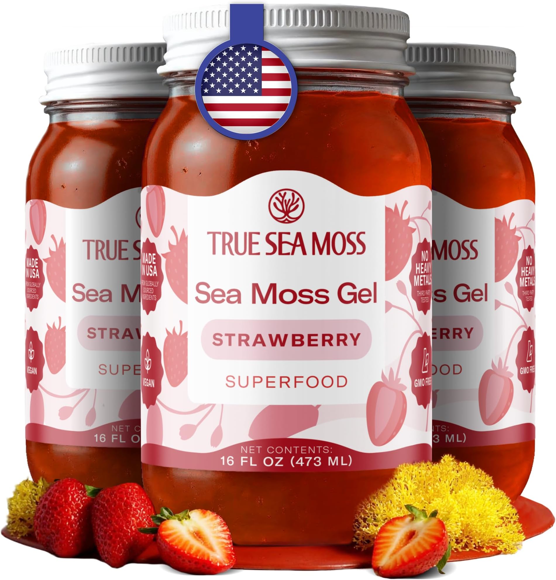 TrueSeaMoss Sea Moss Gel – Made in USA – Wildcrafted Seamoss, Fruits & Jarred Vegetables – Strawberry, Pack of 3 (Labels may Vary)