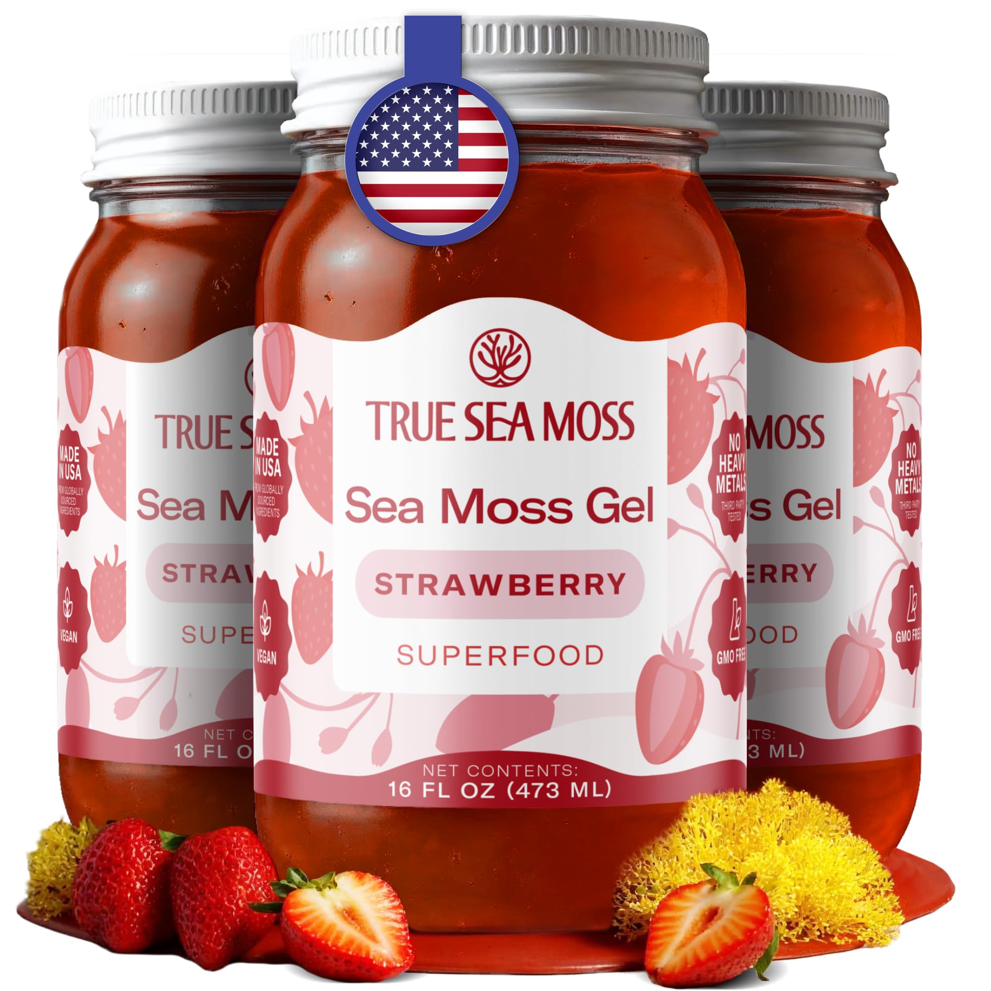 TrueSeaMoss Sea Moss Gel – Made in USA – Wildcrafted Seamoss, Fruits & Jarred Vegetables – Strawberry, Pack of 3 (Labels may Vary)