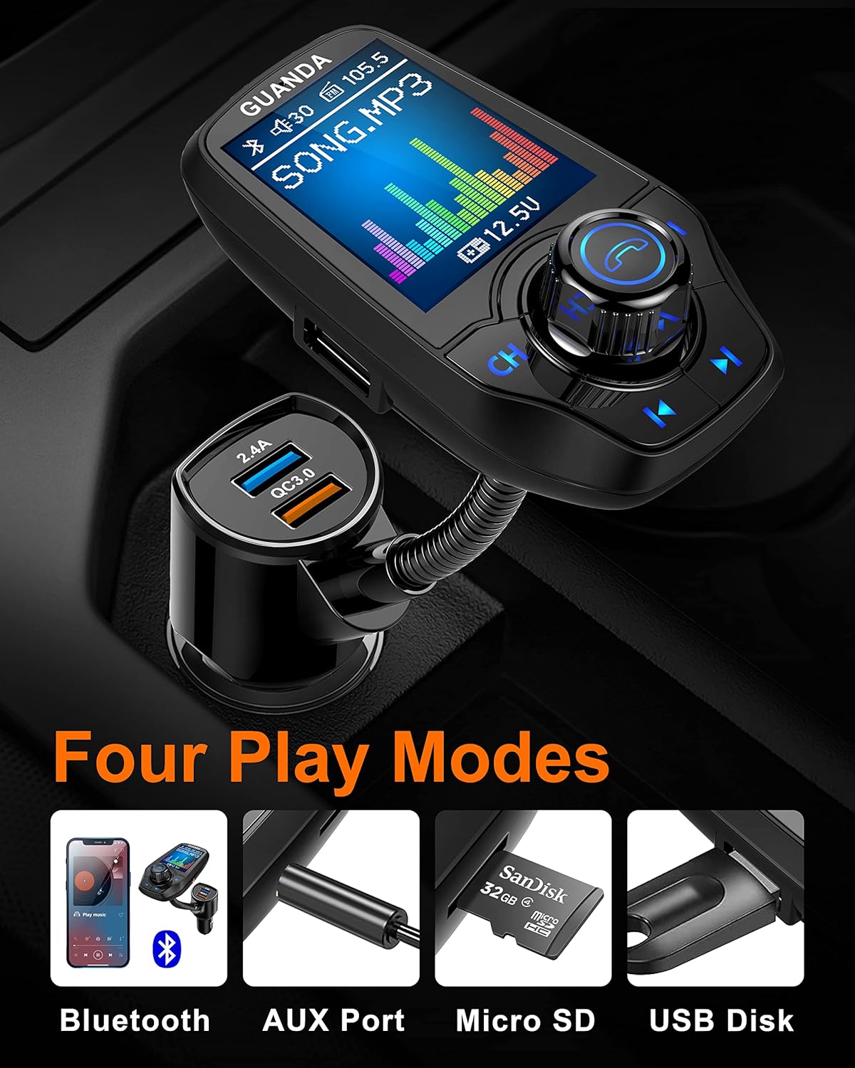 Nеw Arrіvаlѕ Bluetooth FM Transmitter in-Car Wireless Radio Adapter Kit W 1.8 Color Display Hands-Free Call AUX in/Out SD/TF Card USB Charger QC3.0 for All Smartphones Audio Players - RM100 Matte Black