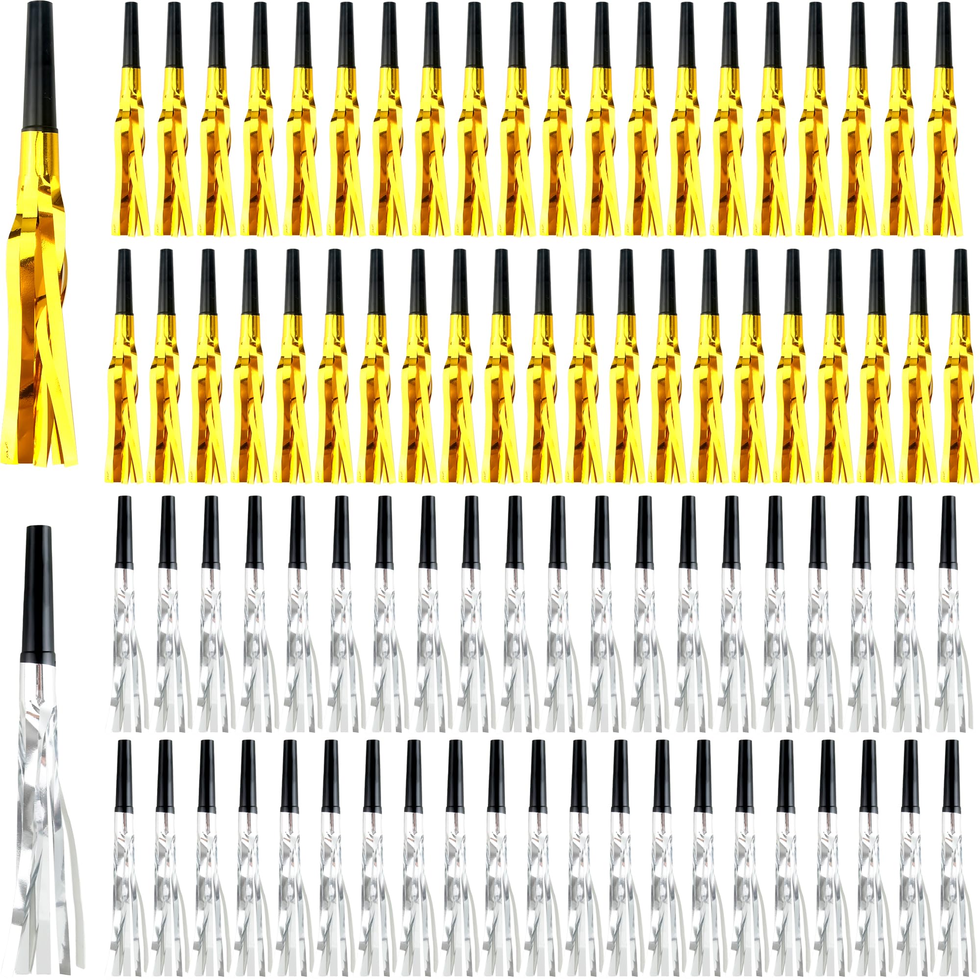 84 Pack Glitter Noisemakers Party Horns Glitter Blowers Metallic Fringed Noise Makers for Sporting Events New Years Party Favors Graduation (Silver)