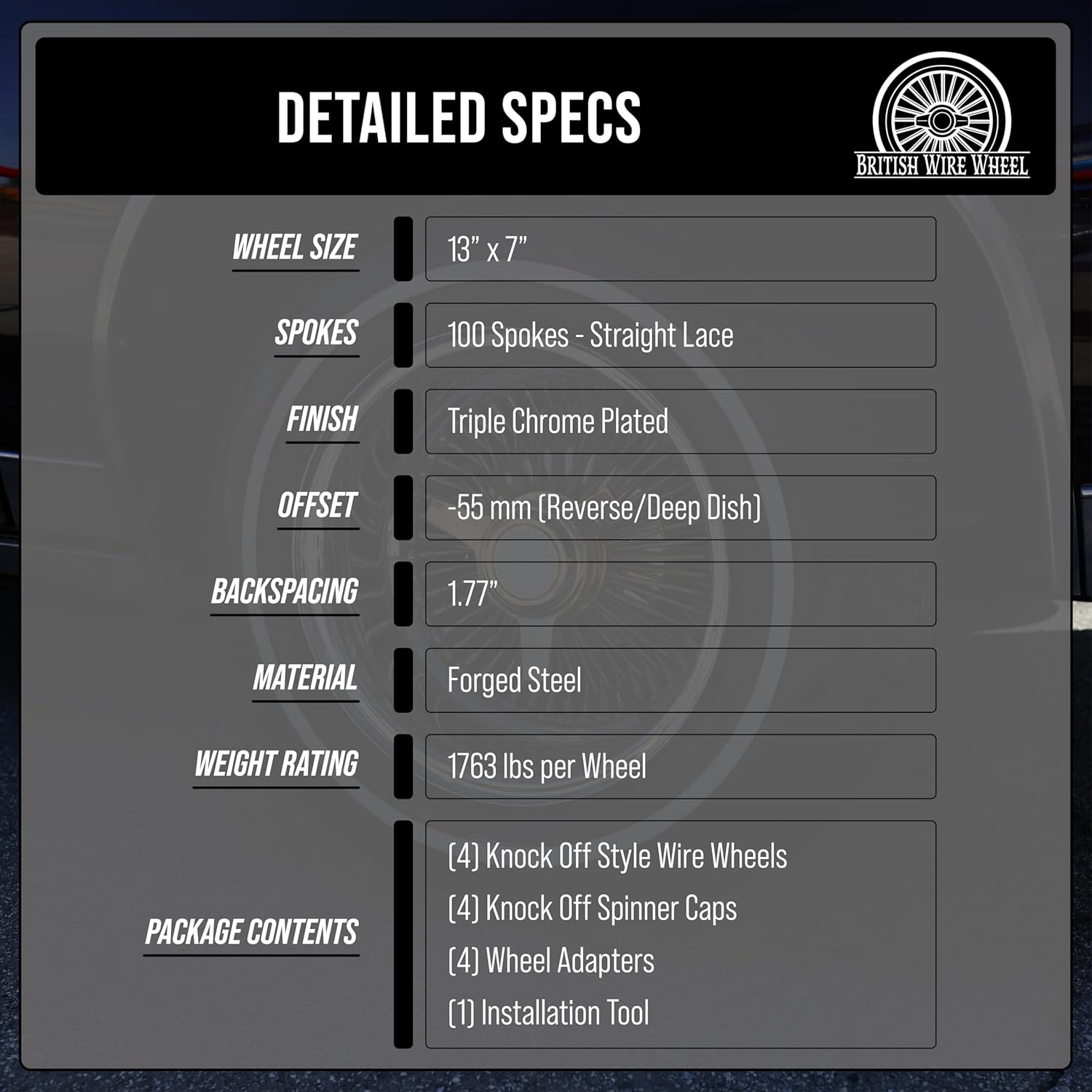 13x7 Reverse 100 Spoke Straight Lace Wire Wheels with 2 Ear Cut Knock Off Spinner Caps + Chrome Adapters 6x5.5, 6x135 | Chrome Deep Dish Rims for Lowriders | Set of 4 + Lead Hammer