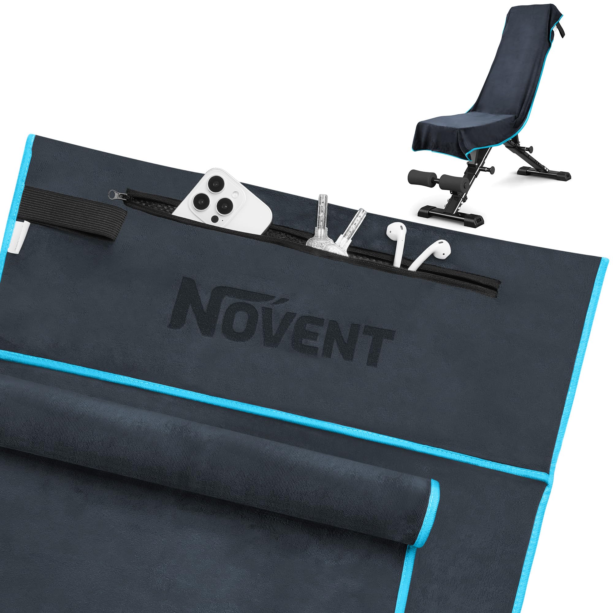 Fitness Handtuch 2 Stück | 120x50cm Anti-Rutsch Sporthandtuch mit Reißverschlusstasche - 80x40cm Kleine Handtücher | Gym Handtuch Fitnessstudio aus Mikrofaser für Sport, Training (Dunkelgrau/Blau)