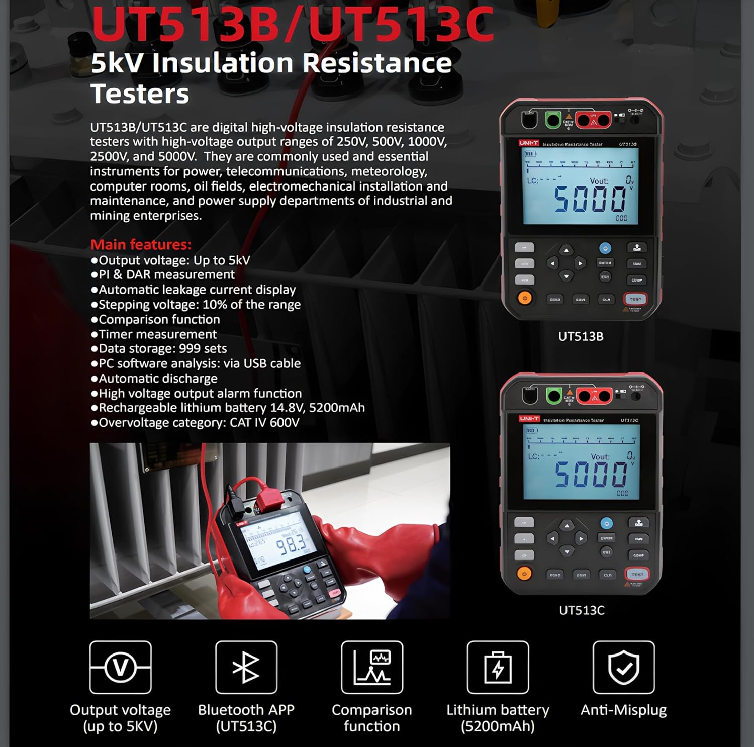 UNI-T Uni-Trend UT513B/UT513C 5kV Insulation Resistance Testers;PI & DAR Measurement/Data Storage/PC Communication Measurement Resistance Tester Megohm Meter(UT513B)