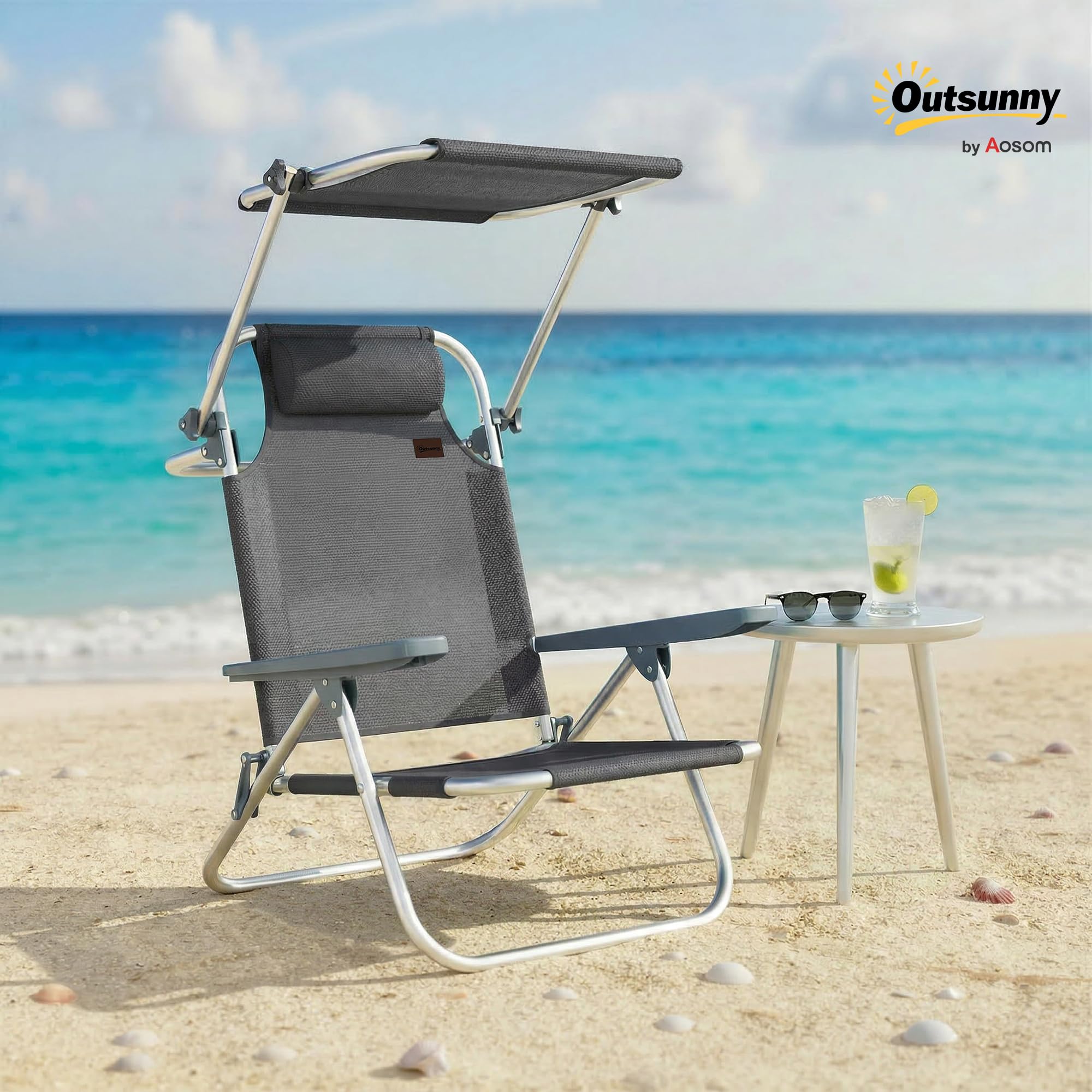 Outsunny Leżak składany leżak ogrodowy z poduszką pod głowę, 120 kg, ciemnoszary | Regulowany dach, leżak z 6-stopniową regulacją oparcia, leżak kempingowy, krzesło ogrodowe, do ogrodu, na plażę, basen