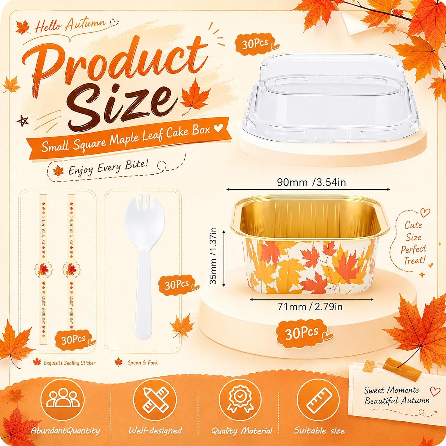 Remerry 30 Set Fall Mini Loaf Pans with Lids and Forks Sticker, 5 oz Square