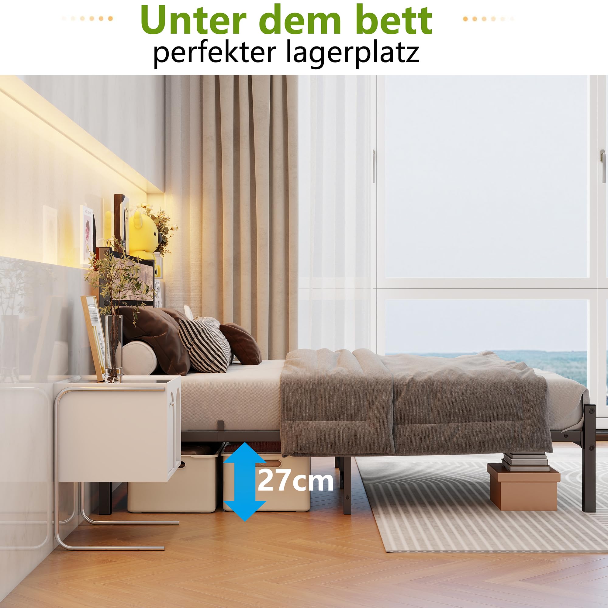 FOUBAM Bedframe, 120 x 200 cm, metalen bed met houten hoofdeinde, bedframe van metaal met lattenbodem, eenpersoonsbed, logeerbed, tienerbed voor slaapkamer, logeerkamer, bedframe, zwart