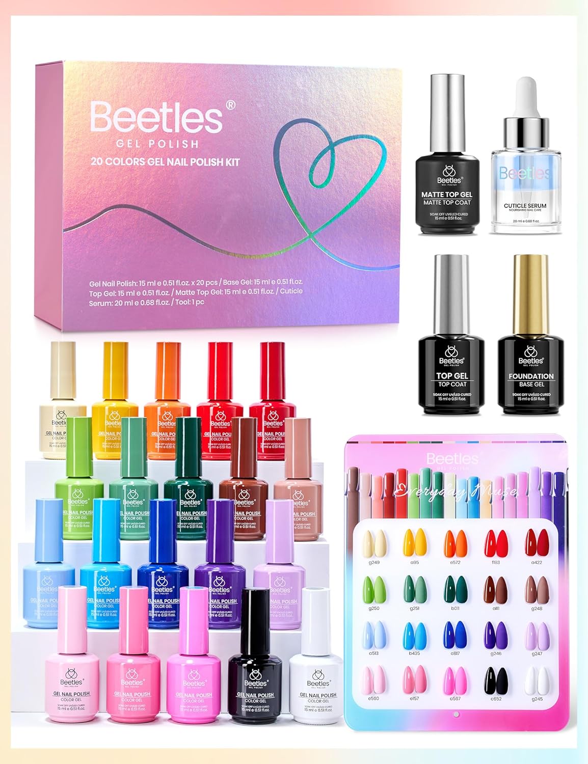 Beetles Summer Gel Polish Set - Everyday Muse Collection, 20 Colors 15ML Full Size Pink Yellow Blue Summer Colors Gel Set with Base Top Coat Trendy Colors Uv LED Lamp Salon DIY Nails Gifts for Women