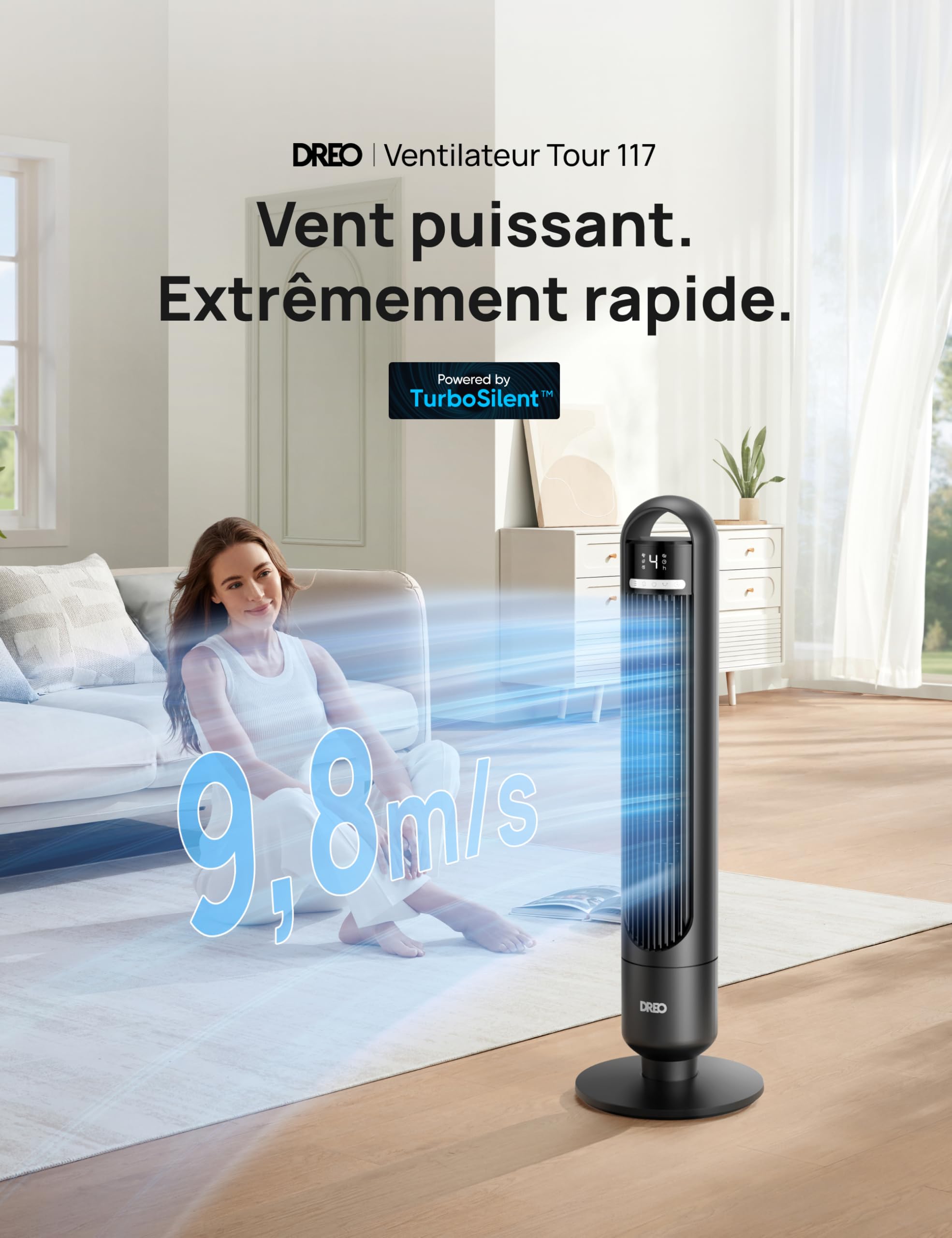 DREO Ventilateur Colonne Silencieux 28 dB pour Chambre, Couverture Max 9 m, Ventilateur Debout sans Lame, 7,6 m/s, Oscillation 90°, 4 Vitesses, 3 Modes, Minuteur 8H, Affichage LED, Noir.