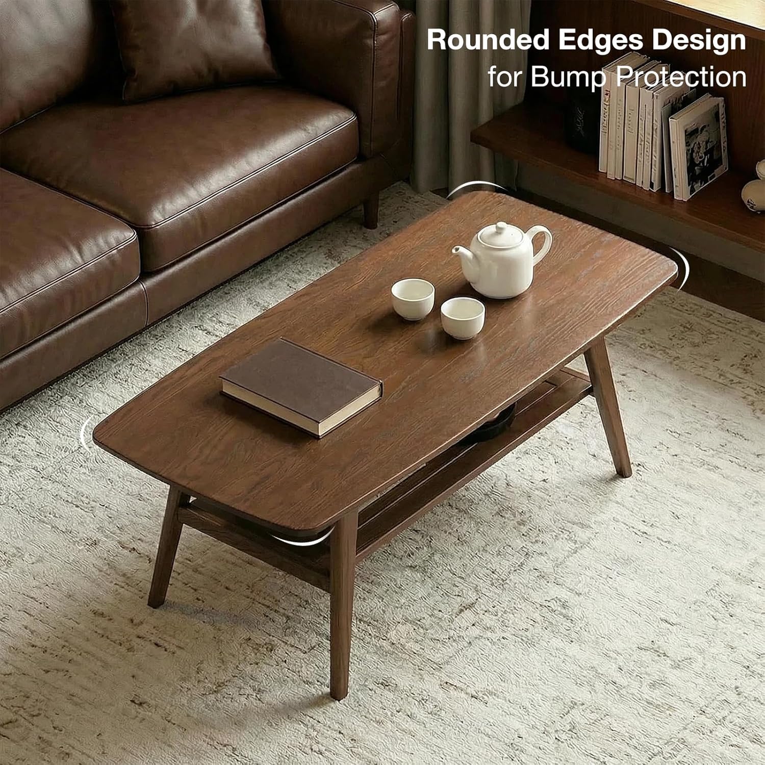 Mid Century Modern Coffee Table: 100% Solid Wood Coffee Table - 2-Tier Storage Design - Practical Coffee Tables for Living Room, Apartment, Easy Assembly (Walnut, 39.37")