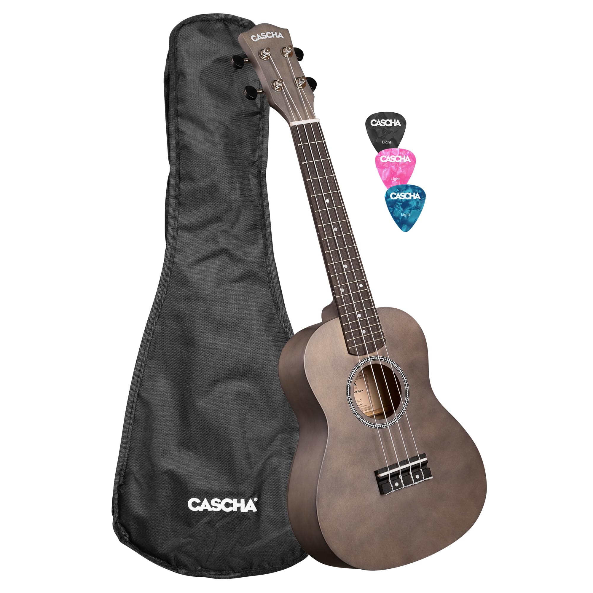 Concert - Ukulele in tiglio, con custodia, 3 plettri, colore: Nero