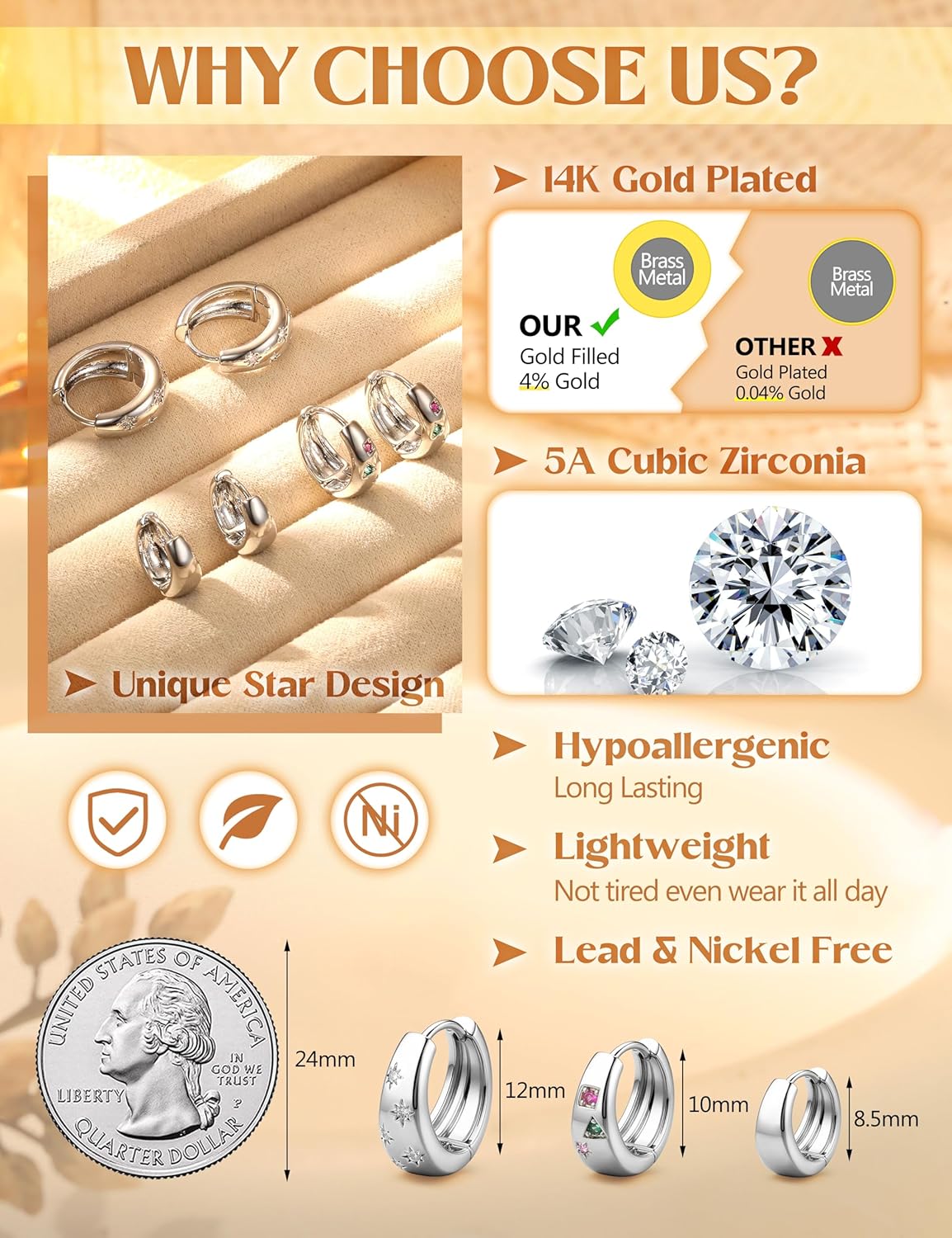 14K Gold Plated Hoop Earrings Set for Women - 3Pairs Chunky 14K Gold Plated Silver Huggie Earrings Small Earrings Lightweight Hypoallergenic MultiColored CZ Hoop Earrings Stacks for Multiple Piercing - Image 3