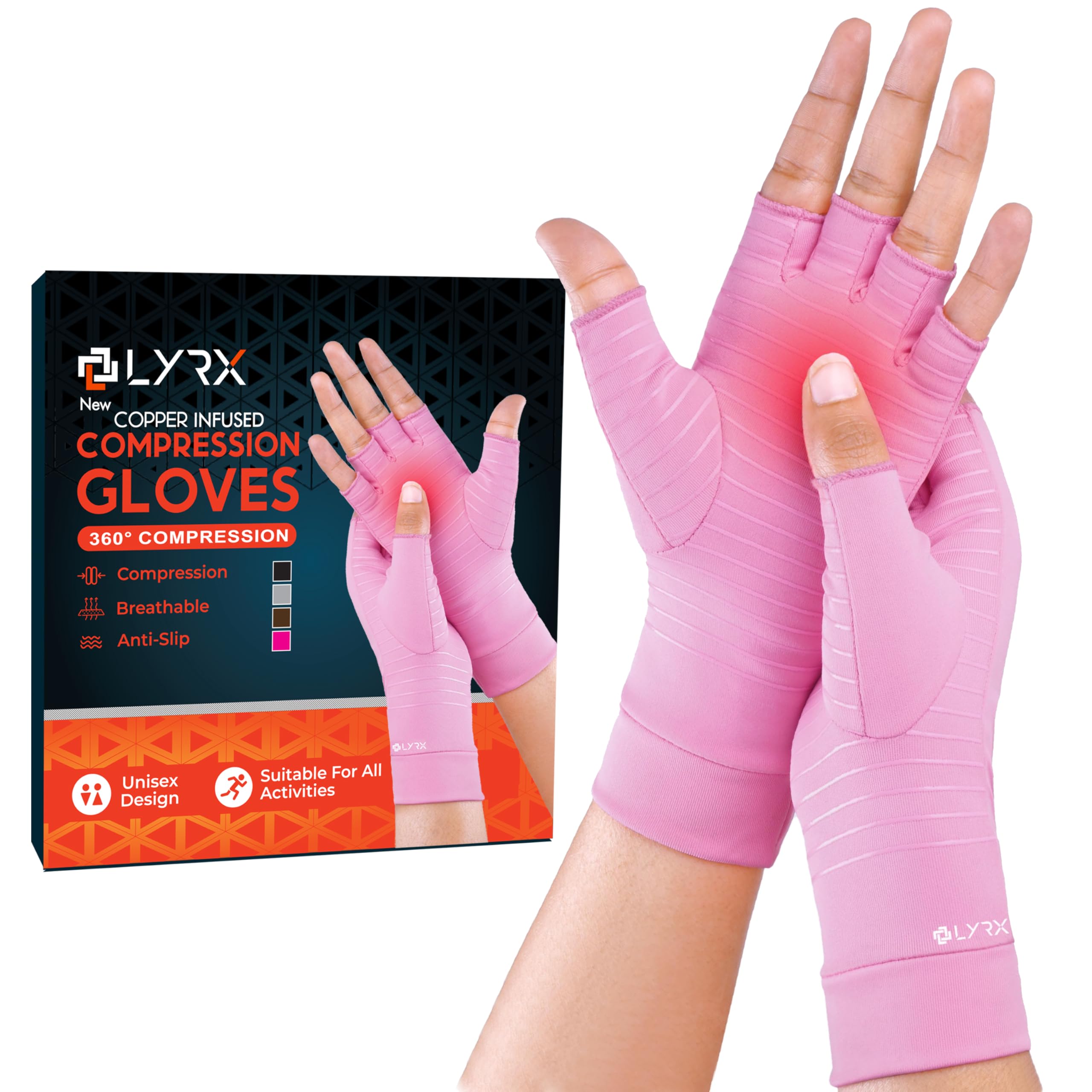 LYRX Arthritis Gloves for Women - Compression Carpal Tunnel Fingerless Gloves for Pain Crocheting, Rheumatoid Arthritis