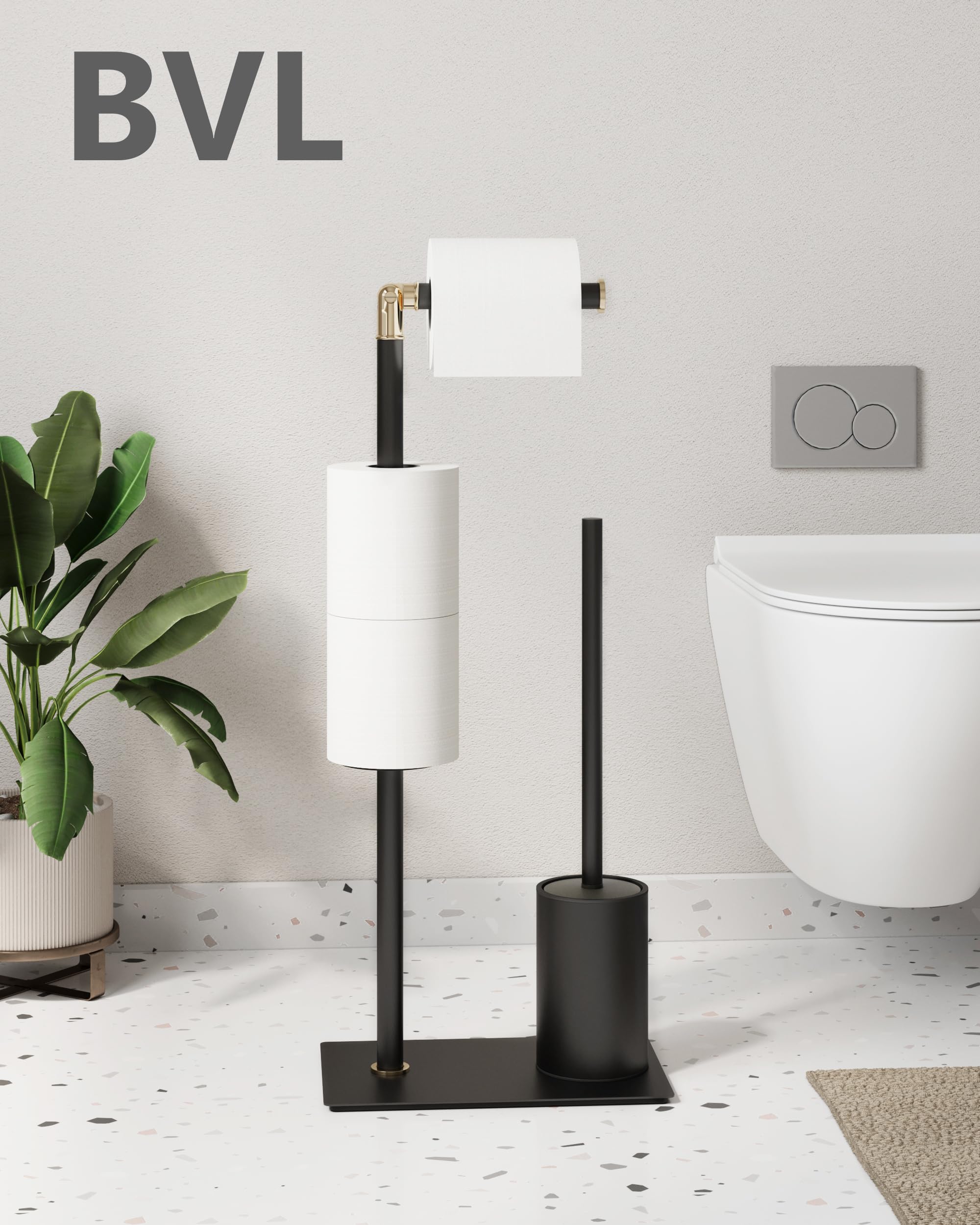BVL Portarrollos de Papel Higiénico de Pie, Negro con Detalles Dorados | De acero inoxidable 3 en 1 que ahorra espacio para 3 ruedas, base estable