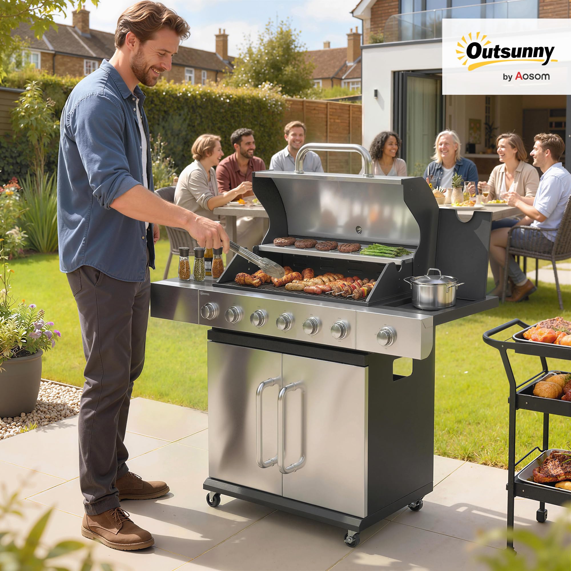 Outsunny Gasgrill 18,6 KW 6+1 Brenner BBQ Grillwagen aus Edelstahl inkl Rolle Seitenbrenner Thermometer Gusseisen-Grillrost Warmhalterost Seitentisch Unterschrank Gas-Grill für Balkon BBQ Party