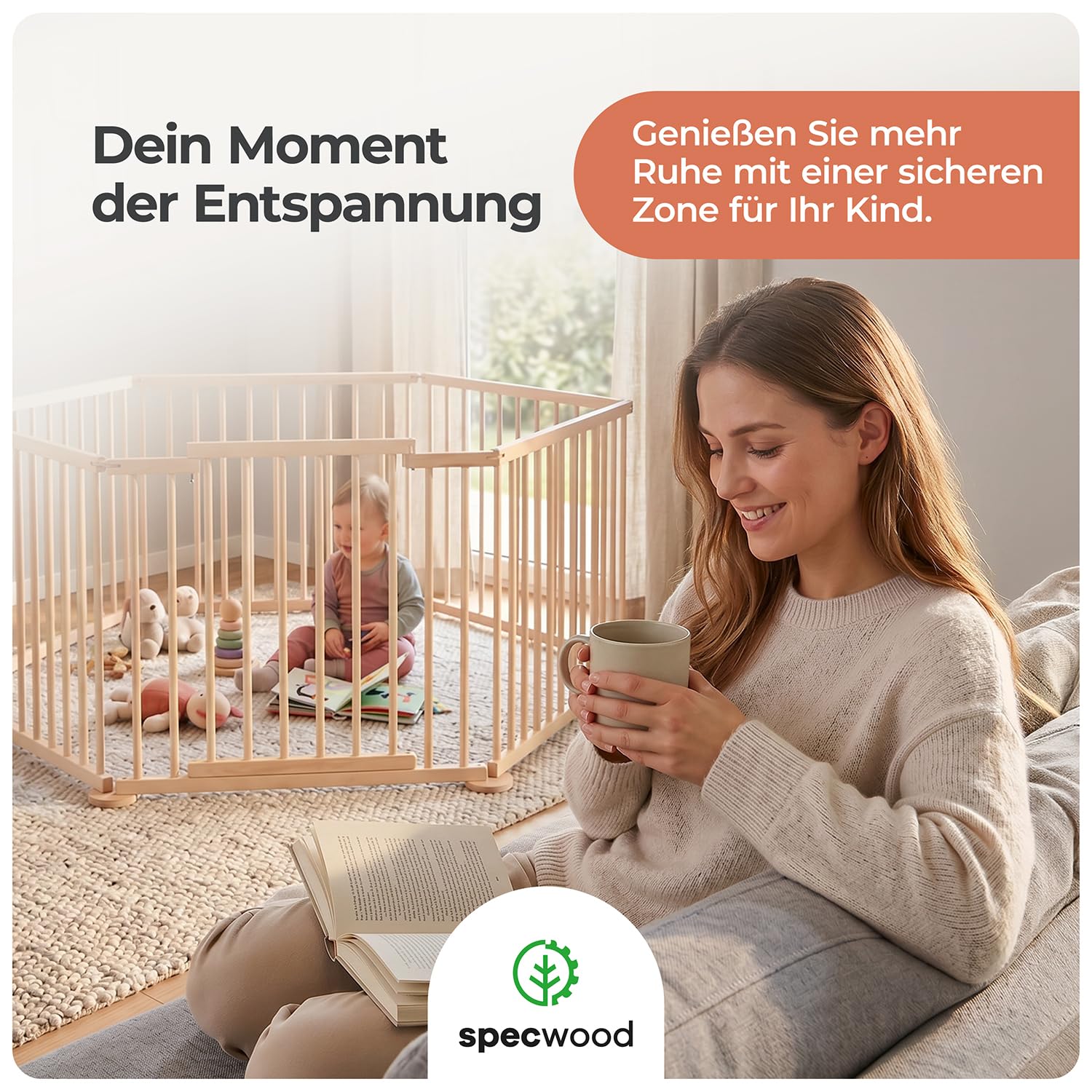 Laufstall Baby XXL Klappbar mit Tür, Laufgitter Baby inkl. 6 Elementen je 100 x 72 cm, Babygitter Holz Faltbar, Kinderlaufstall & Absperrgitter Für Innen- und Außenbereich