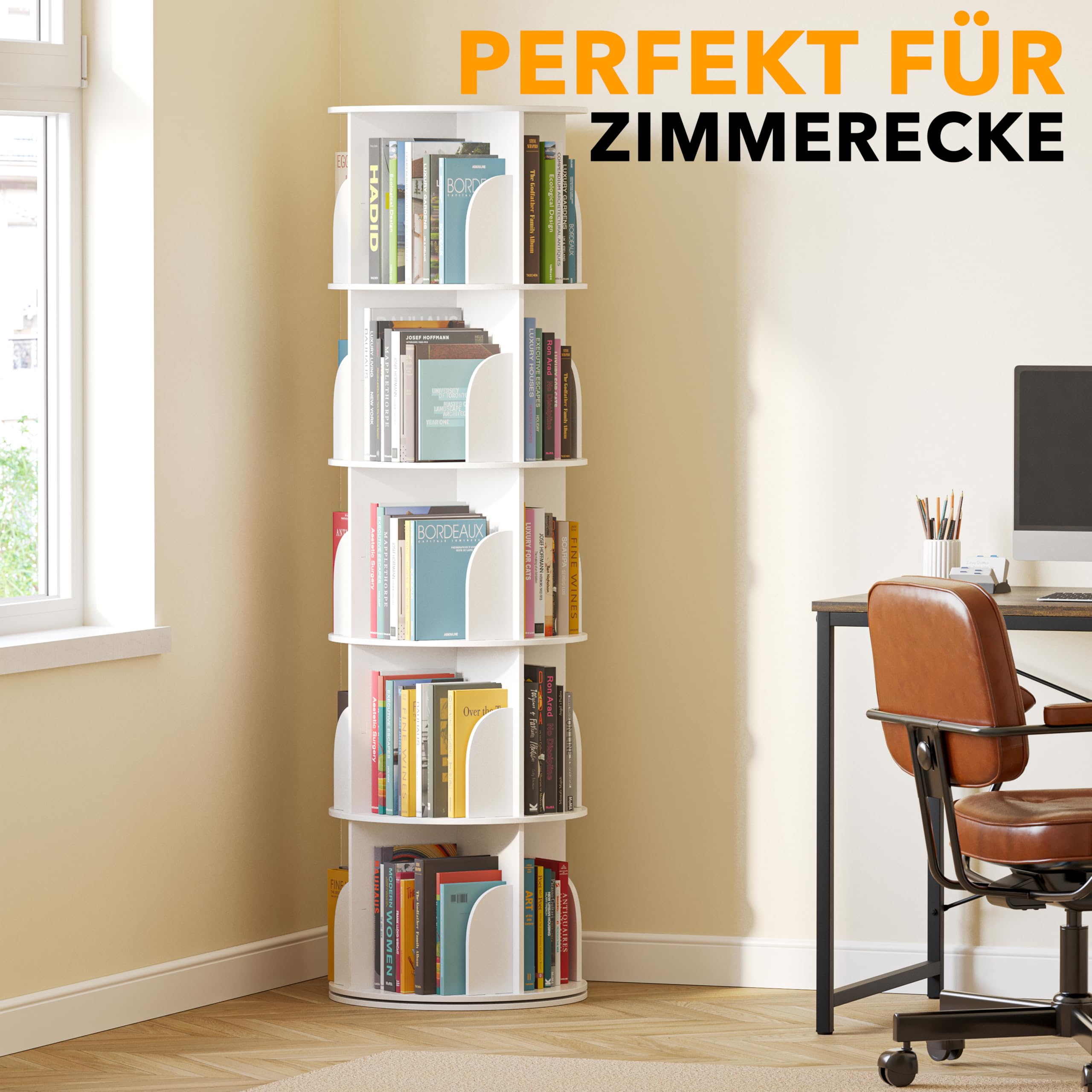 SpaceAid 5-Etagen-Drehbares Bücherregal, Lazy Susan, 360°-Drehung, Aufbewahrung, Rundes Karussell, Eck-Organizer, Weiß