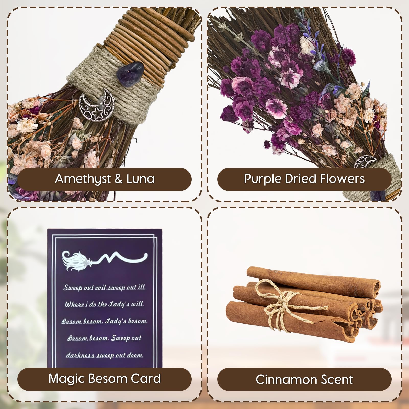 Teeloray 19 cm Altar, Mini Theme Party, Decorative Broom with Dried Flowers, Witch Broom, Cinnamon Broom - Image 3