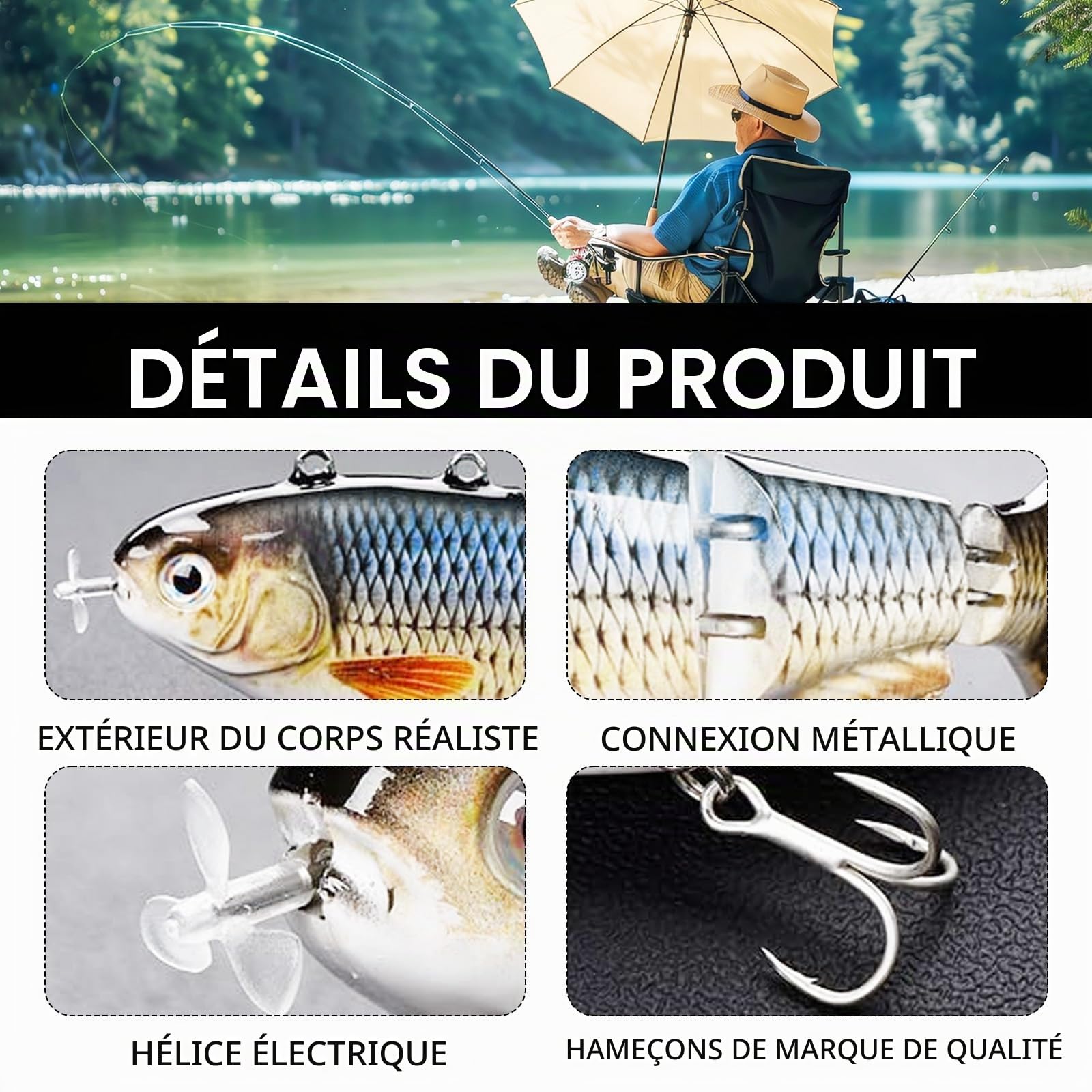 Appât de Pêche Électrique Multi-articulé de 13 cm avec Lumière LED Verte pour Brochet - Appât de Natation Électrique - Rechargeable USB - Blanc - 1 Pièce