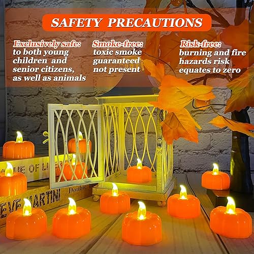 Miniatura 4 de TURNMEON Paquete de 12 velas de té de calabaza de Halloween, decoración de otoño, luces LED de calabaza naranja sin llama, velas parpadeantes que