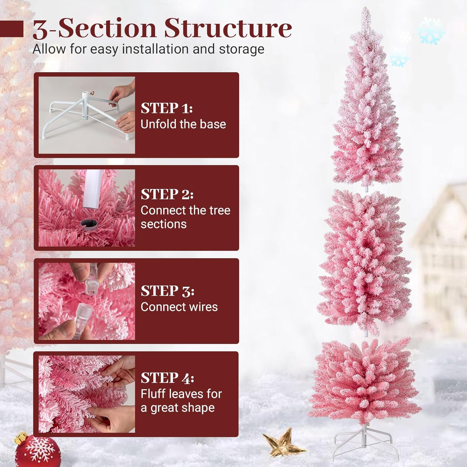 Goplus 7ft Pink Slim Pencil Christmas Tree, Pre-lit Snow Flocked Artificial Skinny Xmas Tree with 180 Warm White LED Lights, 8 Lighting Modes, 527 Branch Tips & Metal Stand, Home Office Decoration