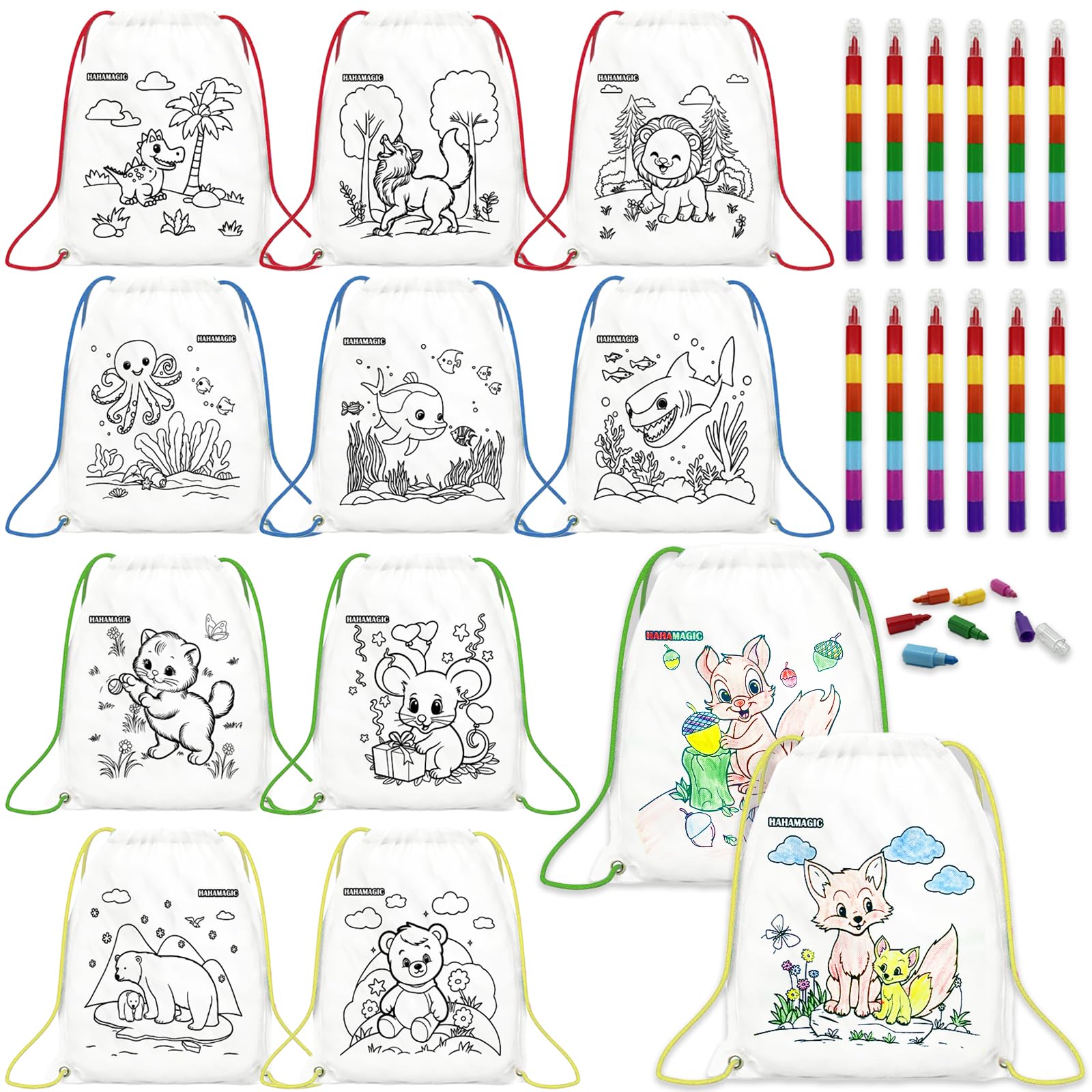 HahaMagic 12 PCS Colorable Drawstring Backpack for kids with 12 stackable crayons (7 Colors Each), Perfect for return gifts, birthday goodie bags and