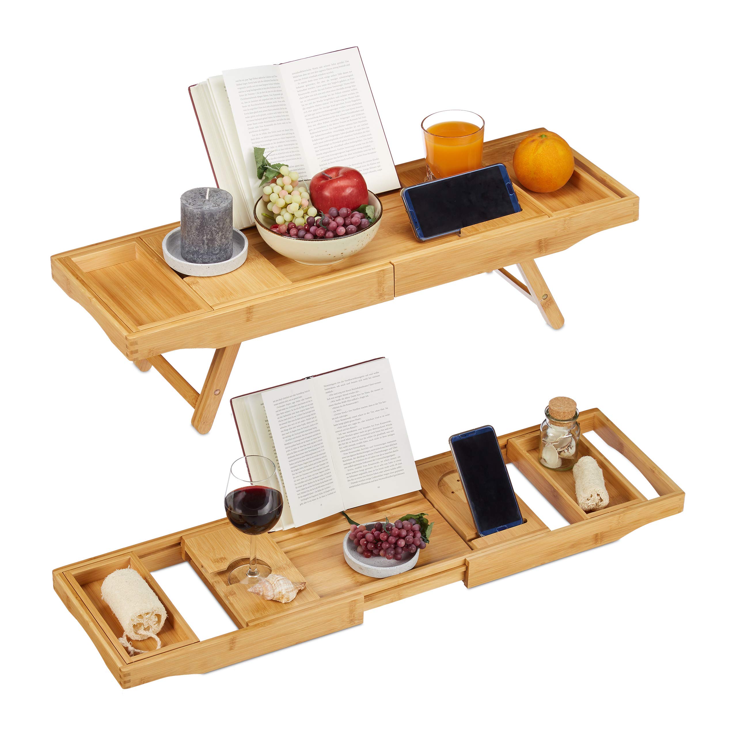 Relaxdays Bandeja Cama y Bañera Extensible 2 en 1 con Soporte para Libros y Copas de Vino, Bambú, Marrón, 74,5-114 cm