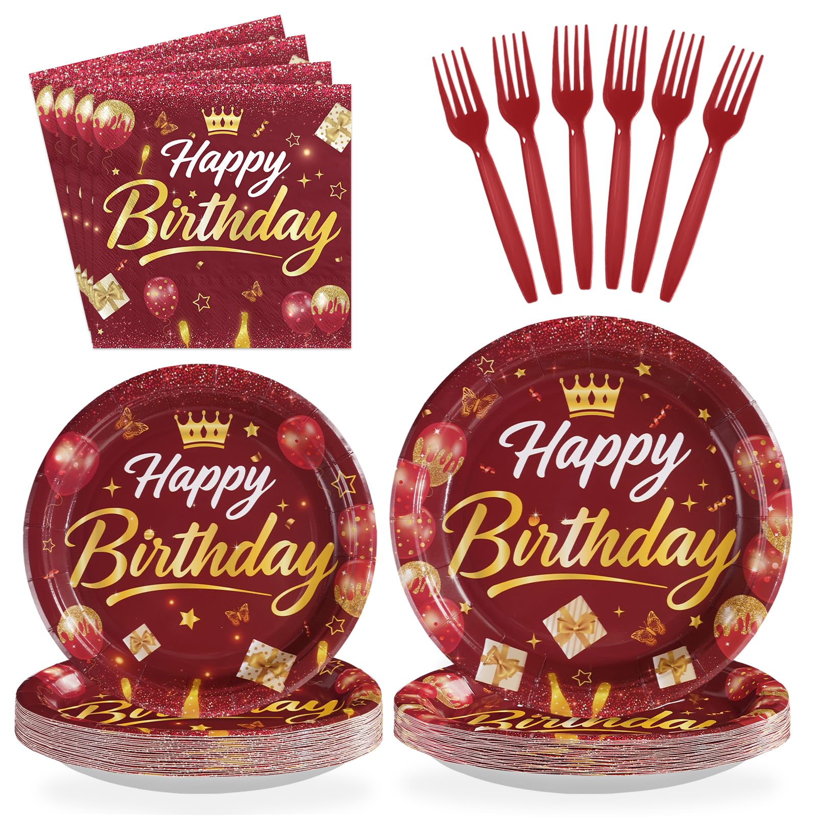 Photo 1 of ***MISSING PIECES** 96Pcs Burgundy Birthday Party Decorations Maroon Wine Red Gold Birthday Paper Plates and Napkins Sets Red Golden Burgundy Theme Decorations for Winter Holiday Bday Dinner Party Supplies Serves 24