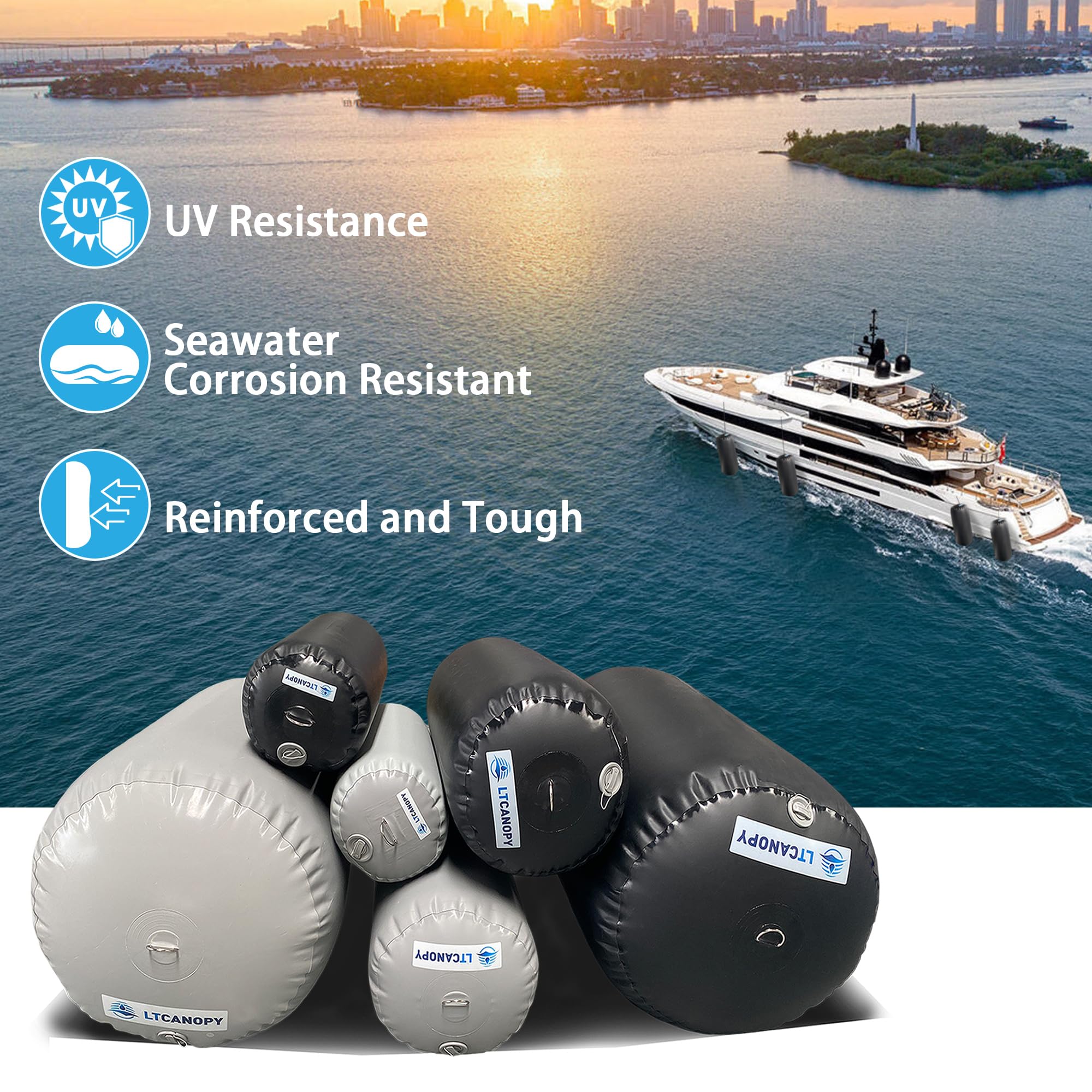 LTCANOPY Bootsfender Set 1,83m - Mit 10m Nylonseil & Fußpumpe Für Yacht & Schlauchboot