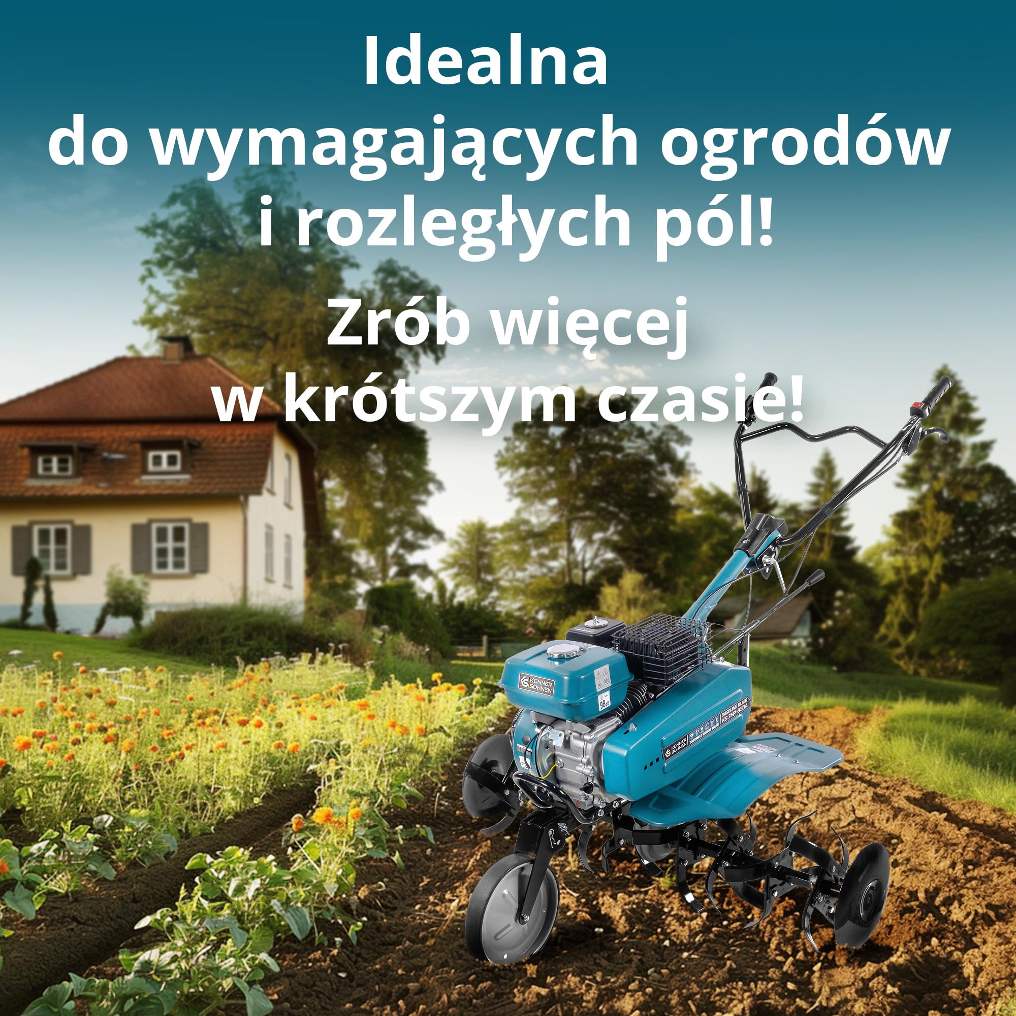 Glebogryzarka benzynowa Könner & Söhnen KS 7HP-950A Kultywator spalinowy z paskiem, napędem łańcuchowym, kutymi nożami szablastymi, regulowanym napędem, 2 biegi do przodu, do tyłu, szerokość robocza 108 cm, głębokość robocza ≤ 31 cm, 7,0 KM do wszystkich