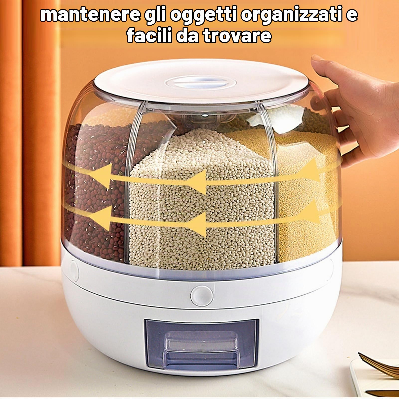 Dispenser per riso e cereali rotante 360° con 6 griglie, contenitore impilabile a strato singolo per alimenti secchi