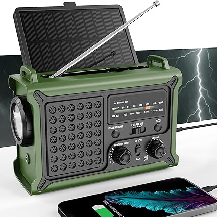Emergency Weather Radio with Solar & Crank Power – AM/FM/NOAA, LED Flashlight, Reading Light, US...