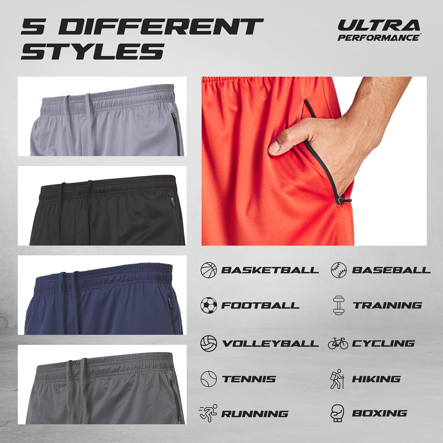 Ultra Performance Mens 5 Pack Athletic Running Shorts, Basketball Gym Workout Shorts for Men with Zippered Pockets - Image 5